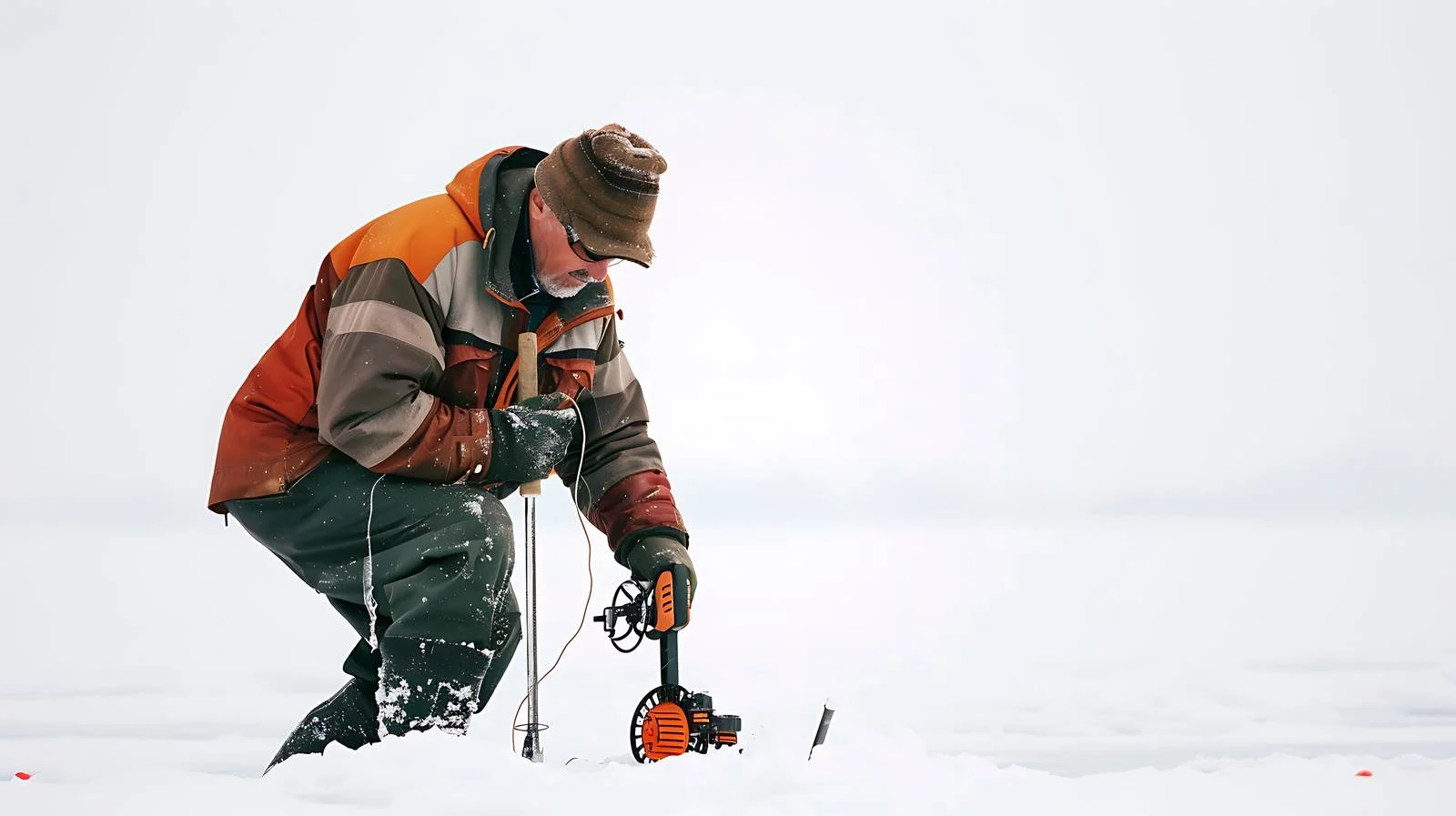 Ice angler drilling hole on Minnesota lake — free download from Dotvec