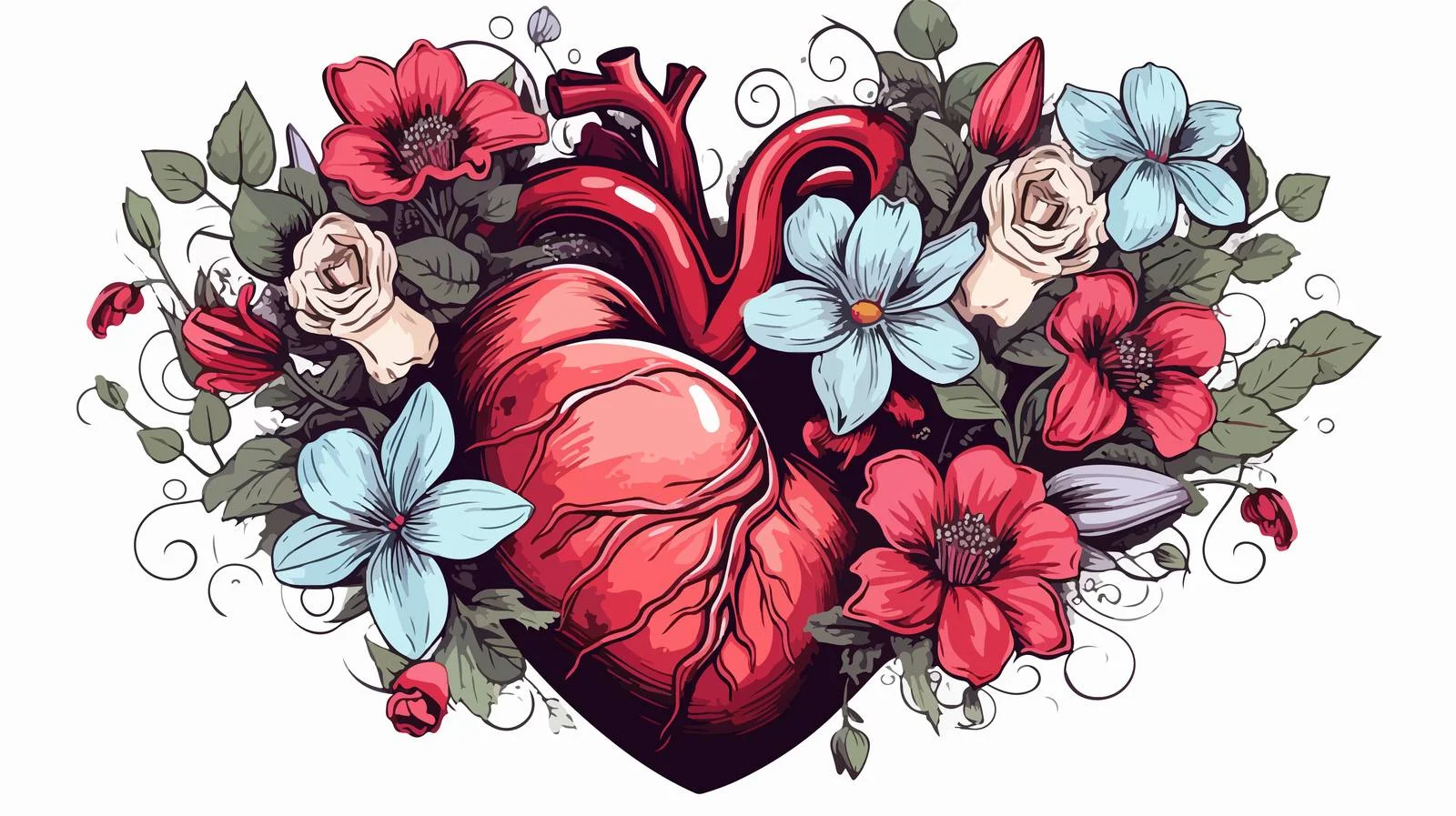 Heart and Flowers Tattoo Design — free download from Dotvec