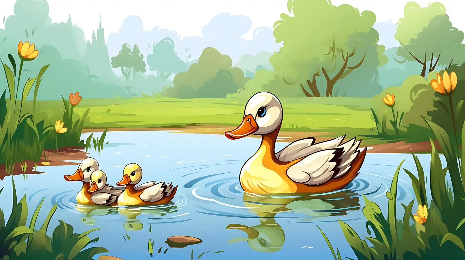 Family of Ducks at Pond Illustration — free download from Dotvec