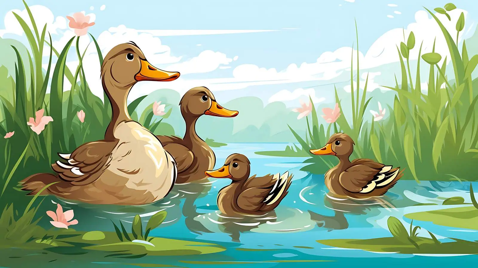 Duck Family at Pond Illustration — free download from Dotvec