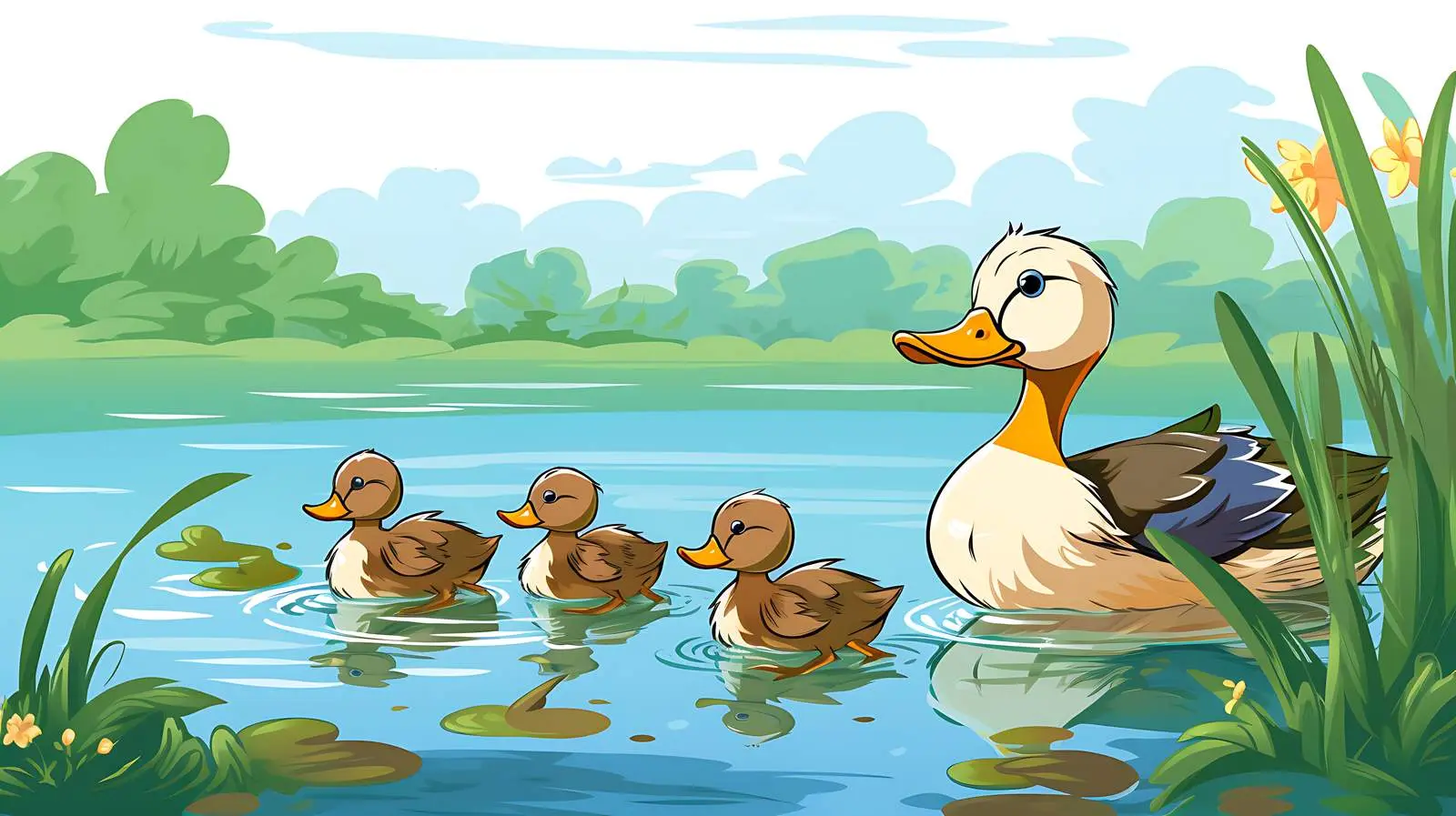 Family Ducks Pond Illustration — free download from Dotvec