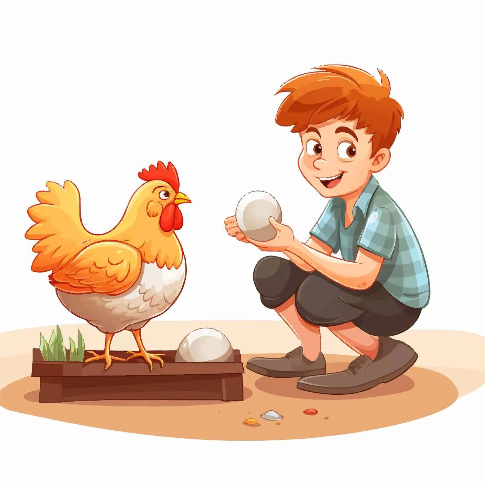 Chicken Laying Eggs Next to Young Boy Illustration — free download from Dotvec