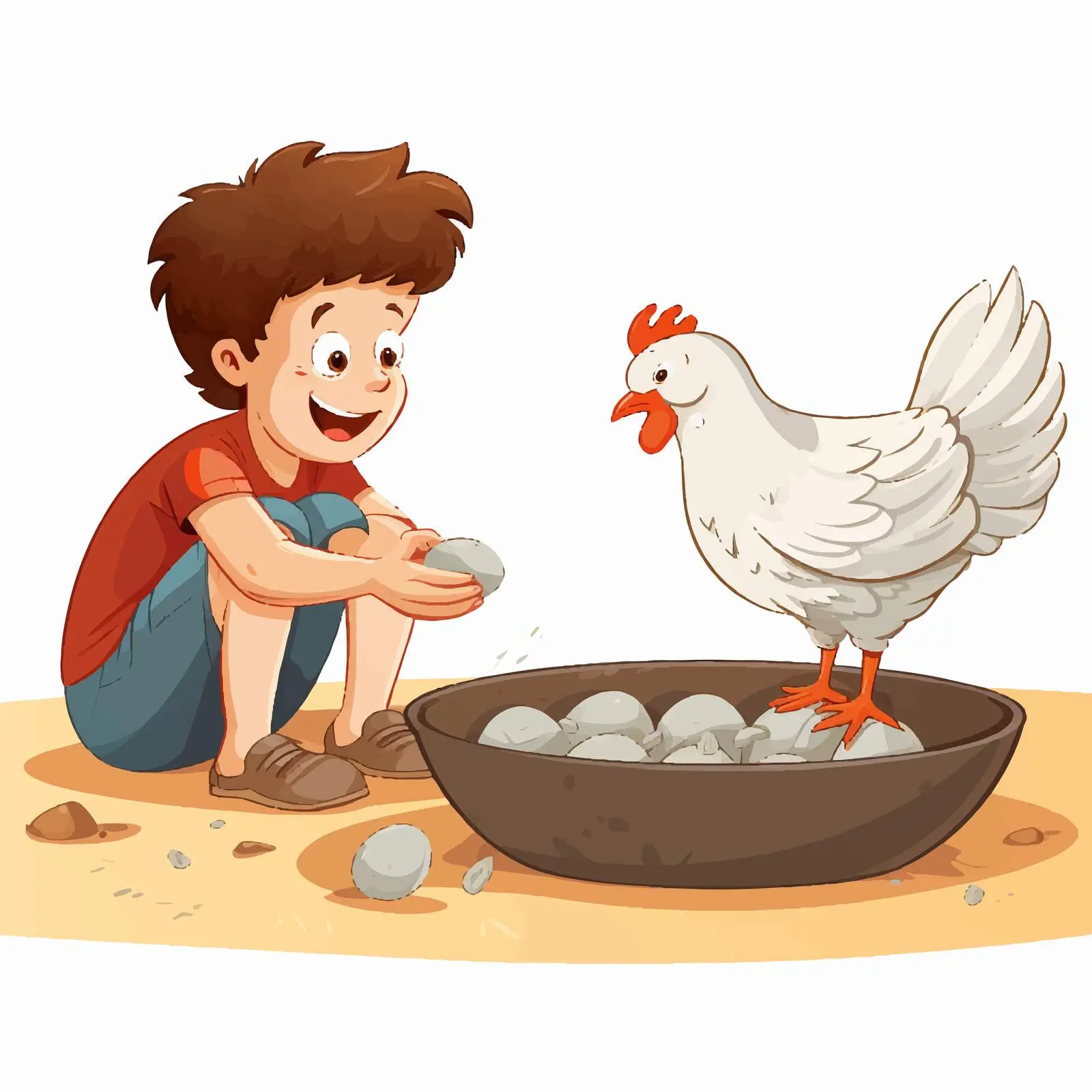 Chicken Laying Eggs Next to Boy Illustration — free download from Dotvec