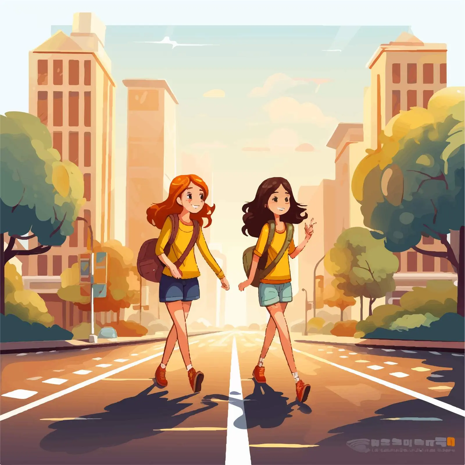 Two Girls Crossing the Street Vector Illustration — free download from Dotvec