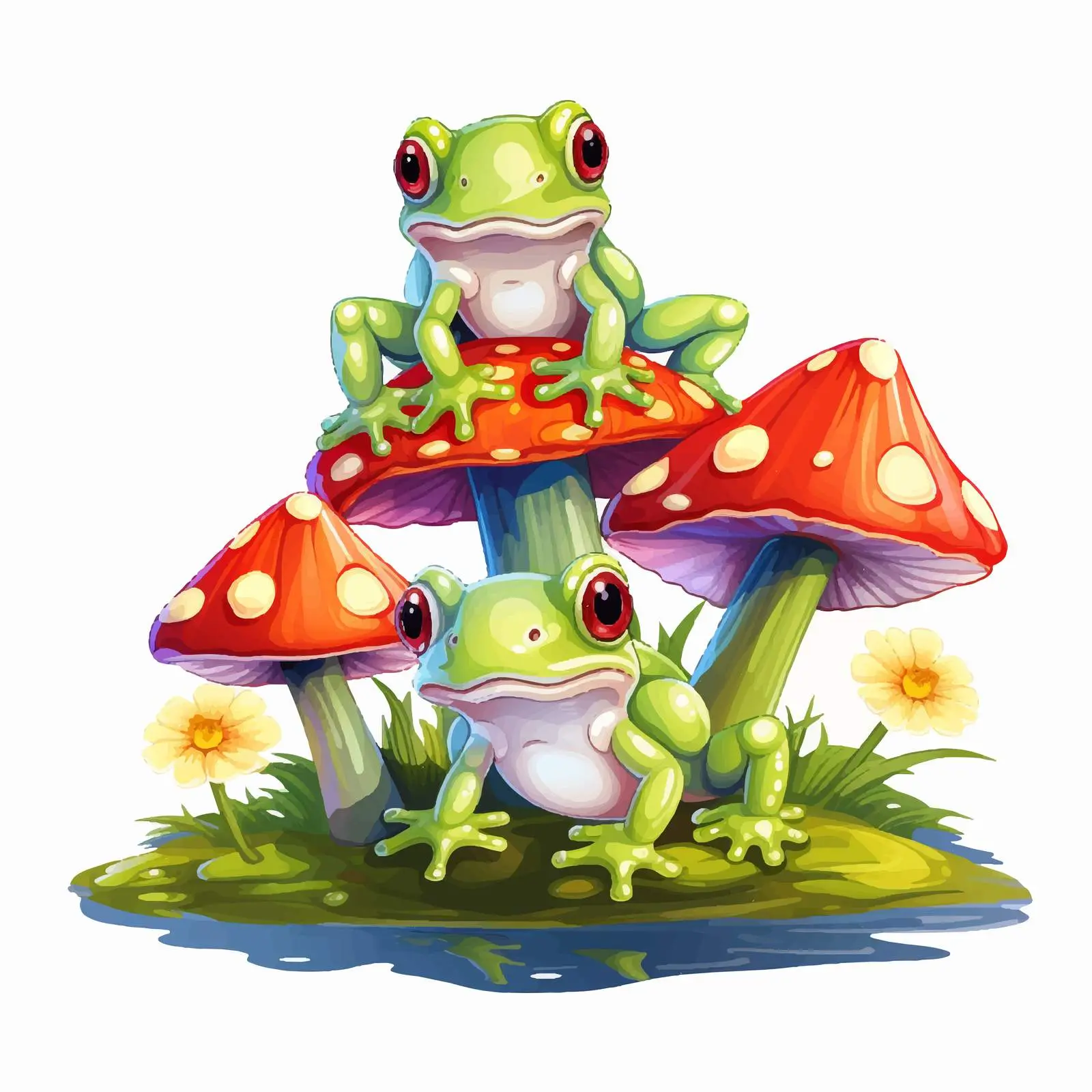 Three Frogs on a Mushroom Vector Illustration — free download from Dotvec