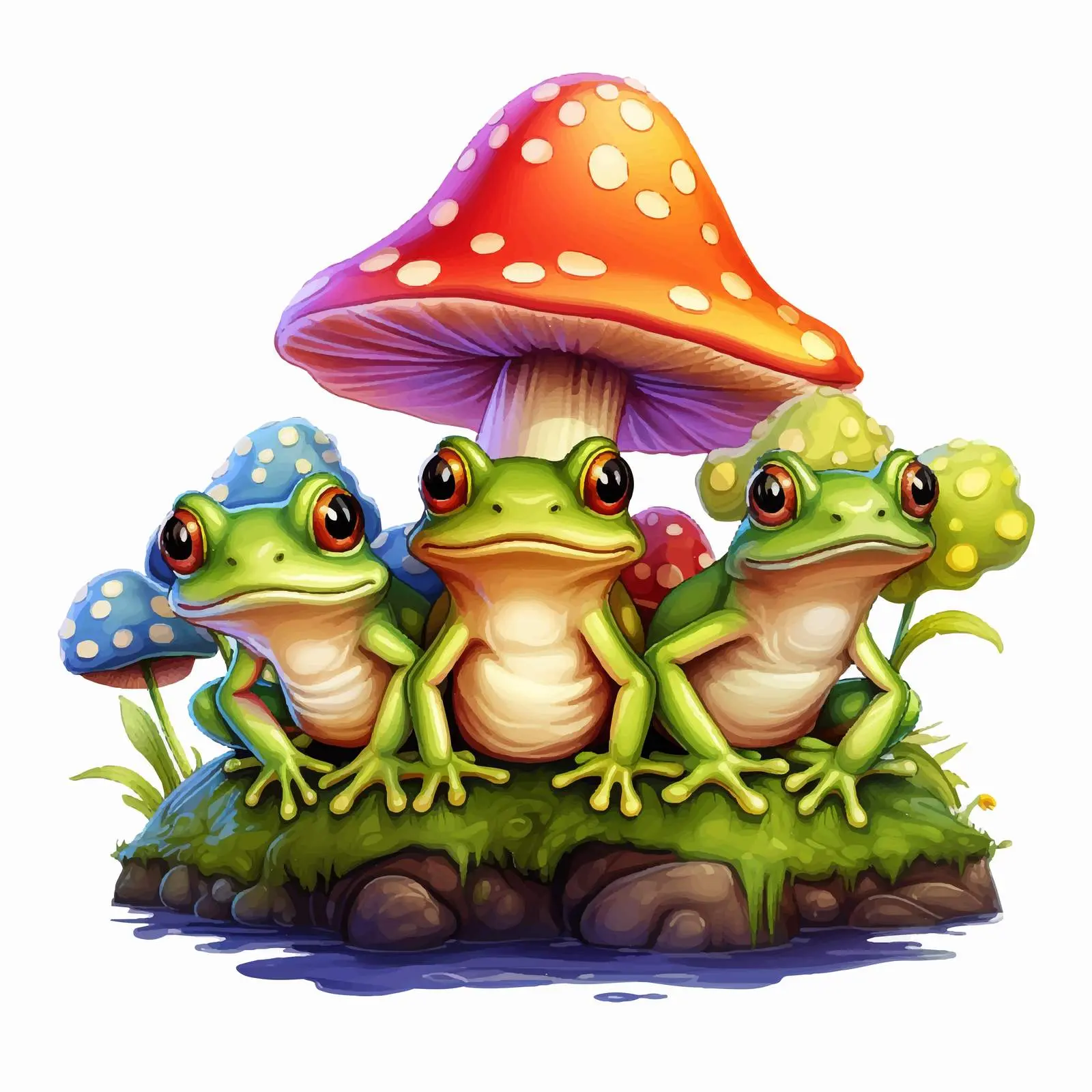 Three Frogs on a Mushroom Cartoon Vector — free download from Dotvec