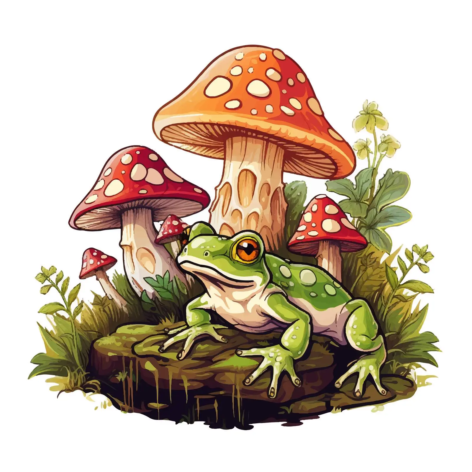 Three Frogs on a Colorful Mushroom Vector – free funny frog image from Dotvec