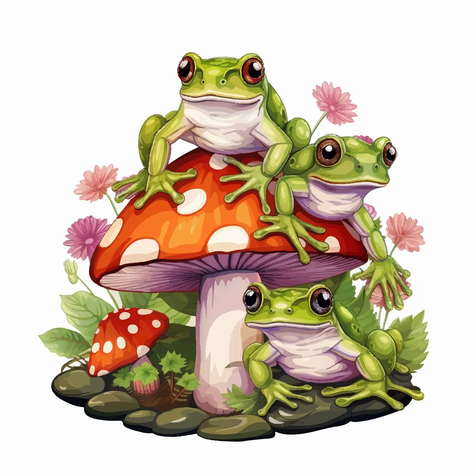 Three Frogs Sitting on a Mushroom Vector Art — free download from Dotvec