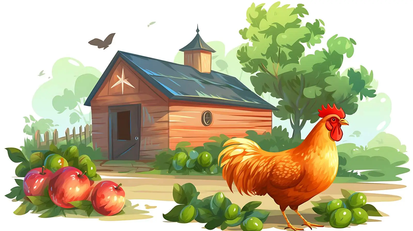 Rural Barn Scene with Chicken and Fruits — free download from Dotvec