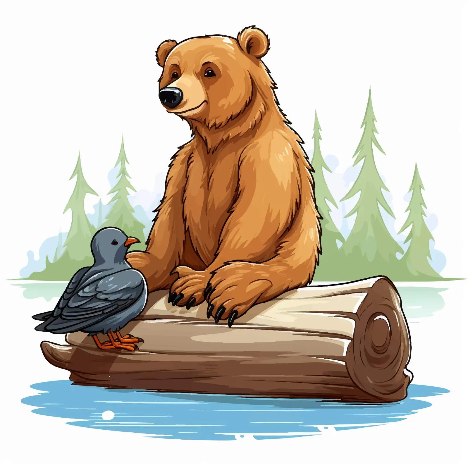 Bear on Log with Pelican Illustration — free download from Dotvec