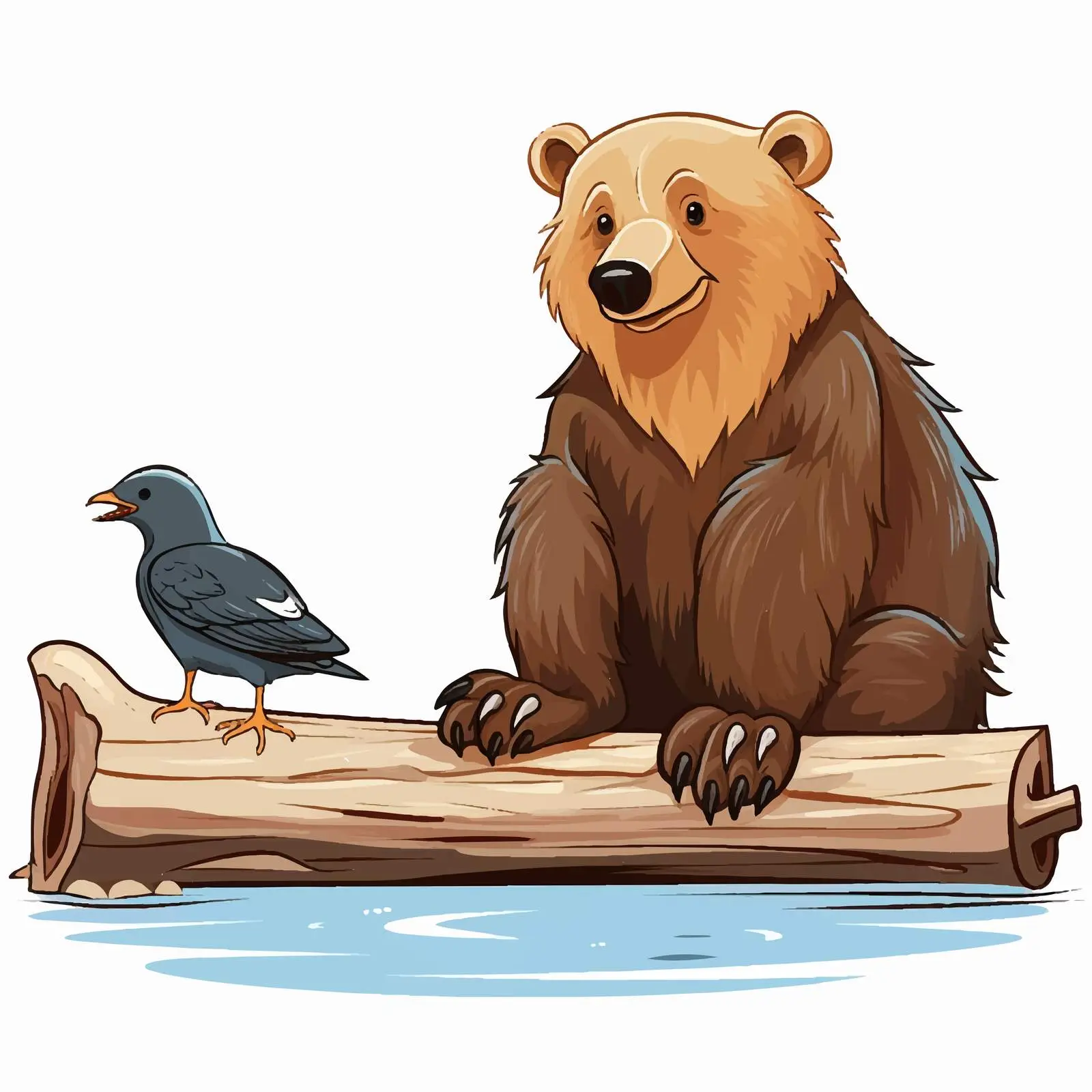 Bear Sitting on Log with Pelican Illustration — free download from Dotvec
