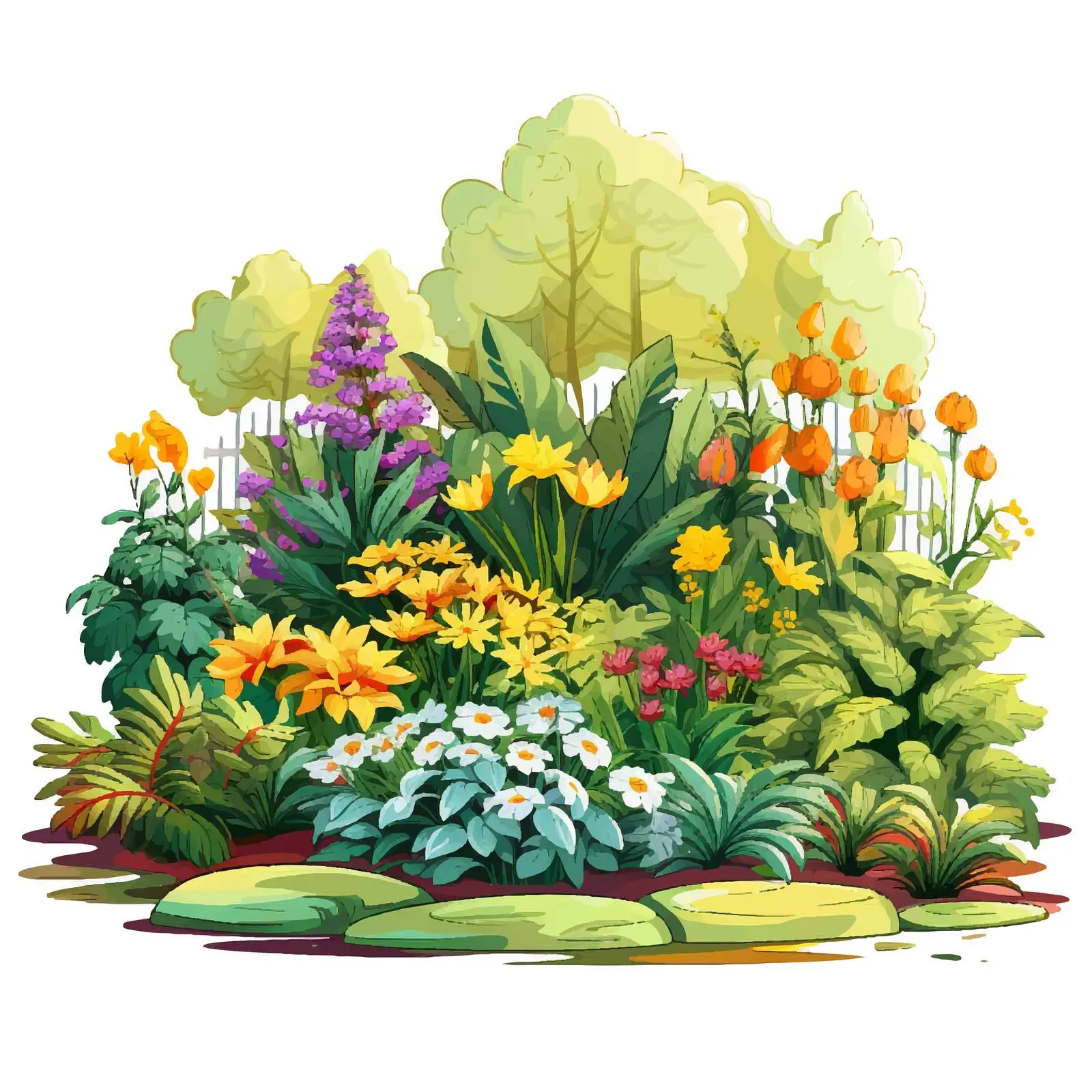 Beautiful Garden Vector Illustration with Diverse Plants — free download from Dotvec