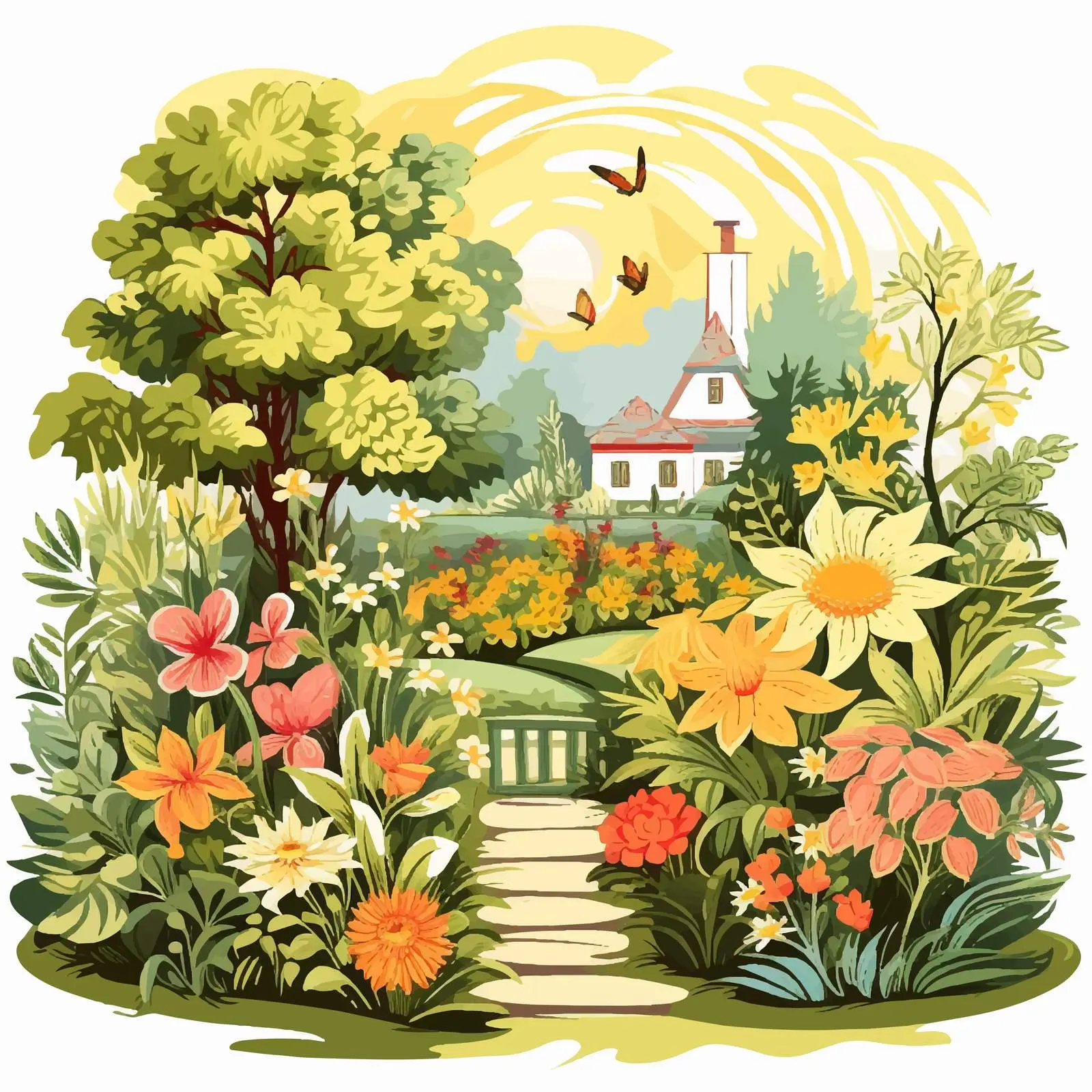 Beautiful Garden Illustration with Diverse Plants — free download from Dotvec