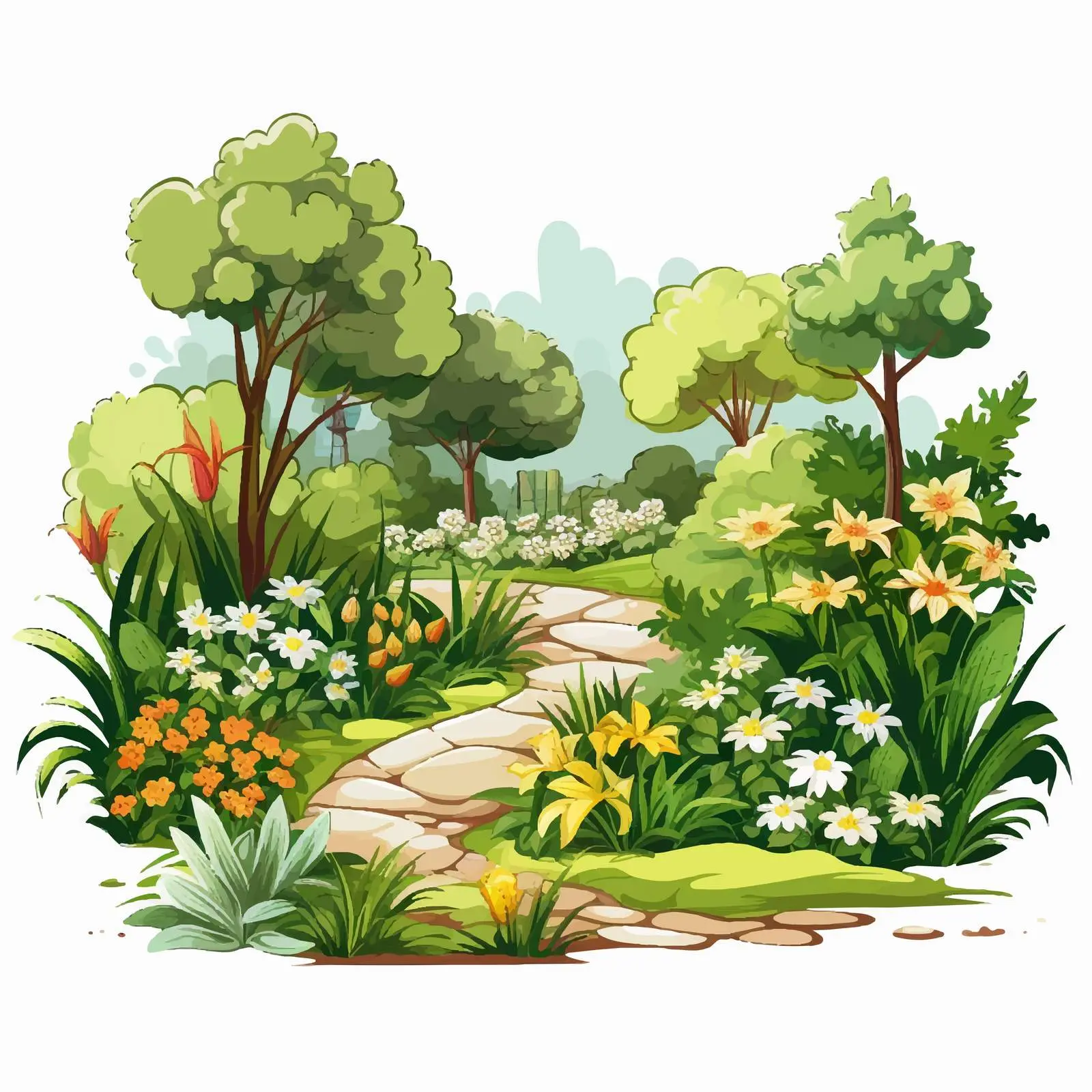 Beautiful Garden with Diverse Plants Illustration — free download from Dotvec