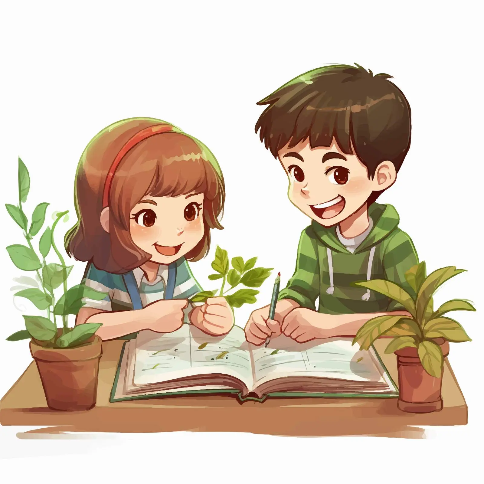 Boy and Girl Studying a Plant Illustration — free download from Dotvec
