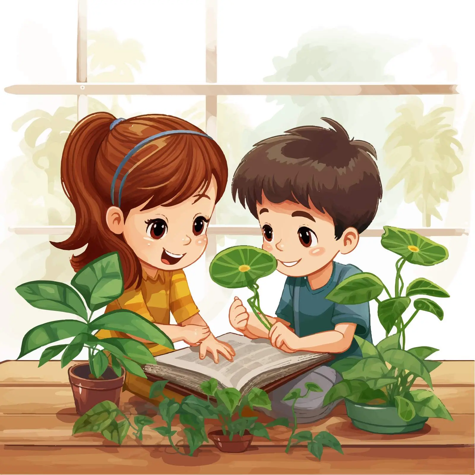 Children Studying a Plant Illustration – free outdoor learning image from Dotvec