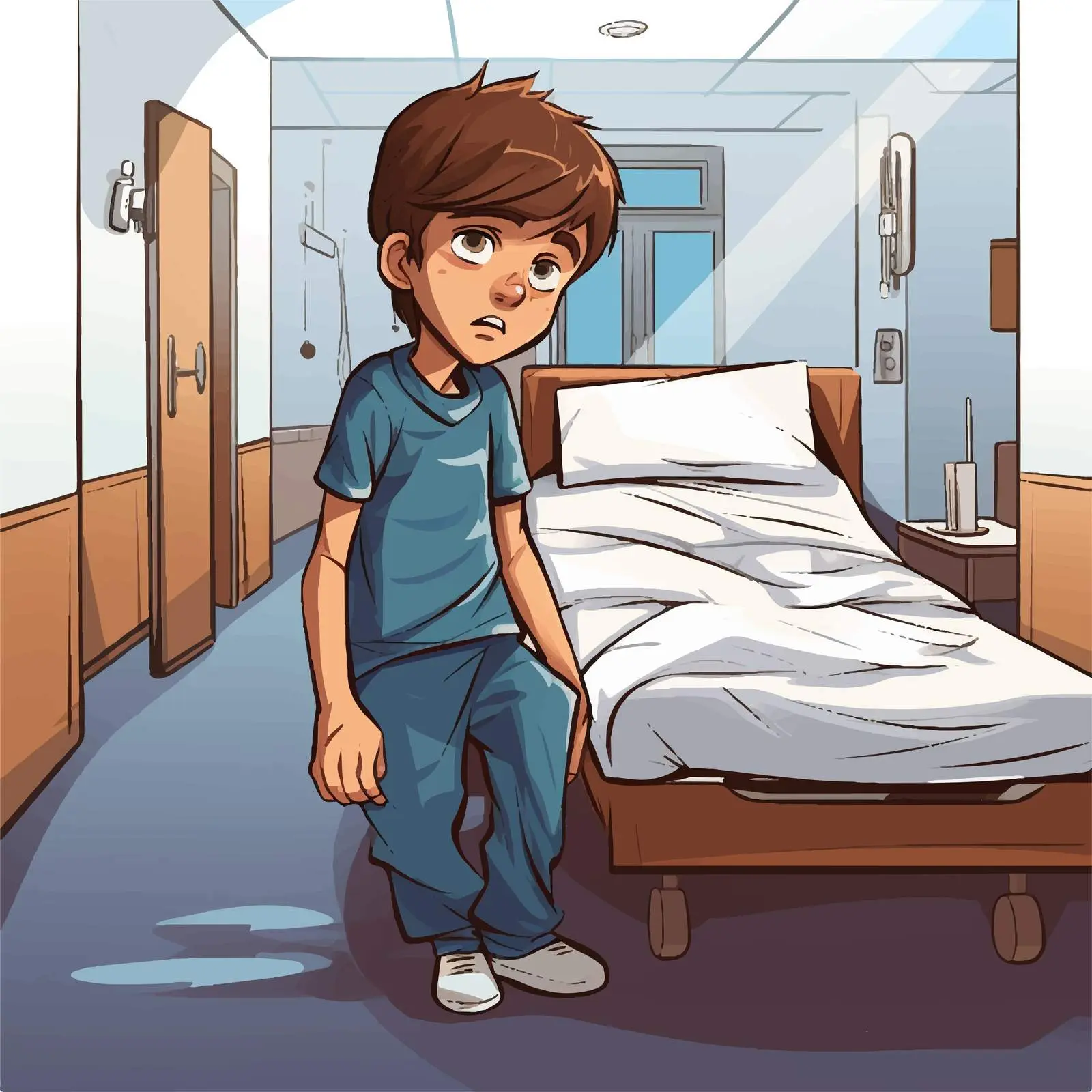 Crying Boy Illustration in Hospital Setting — free download from Dotvec