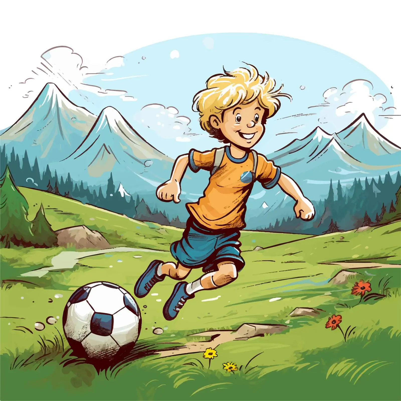 Boy Playing Football in the Hills Vector Art — free download from Dotvec