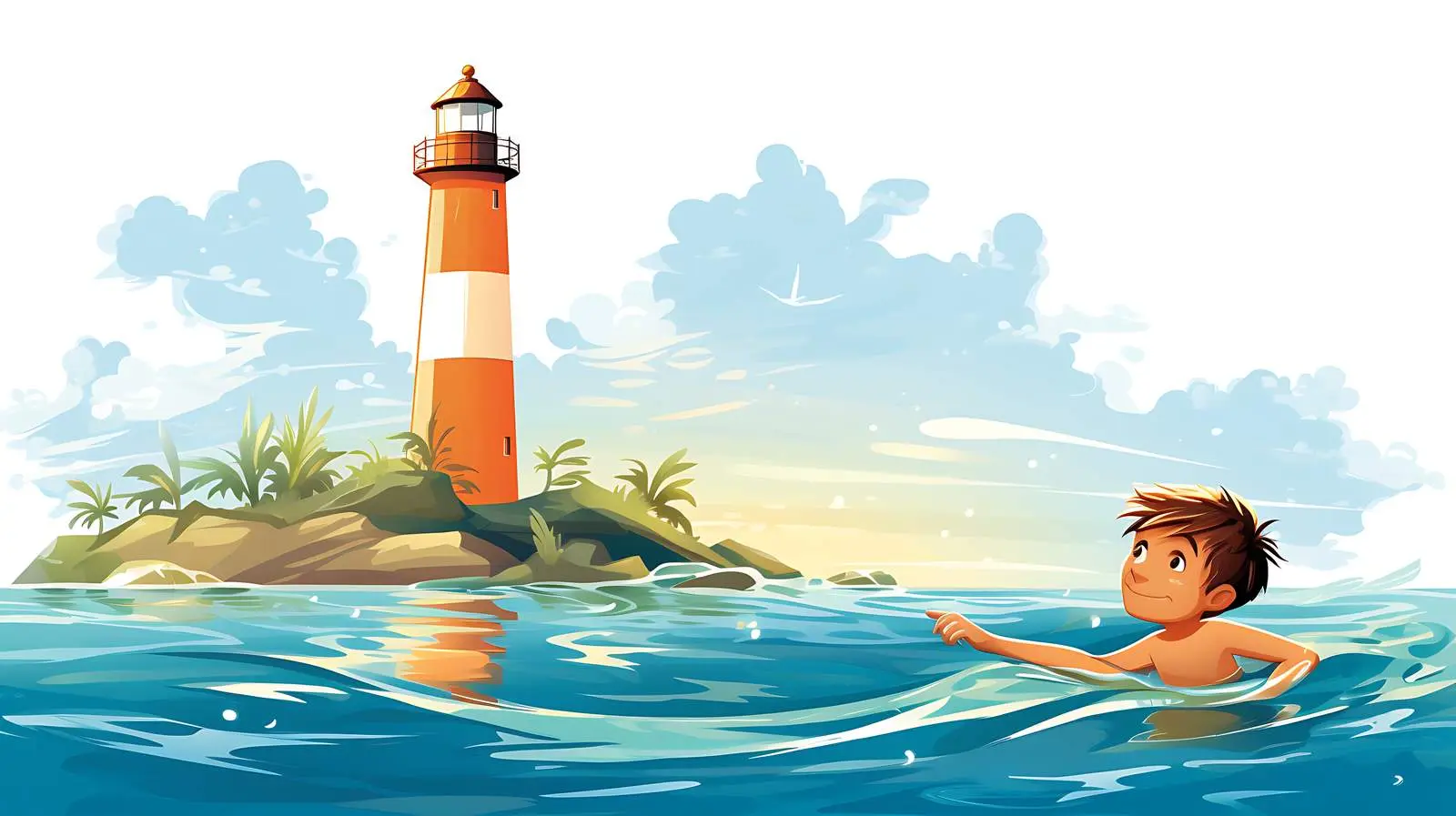 Boy Swimming Near Lighthouse Illustration — free download from Dotvec