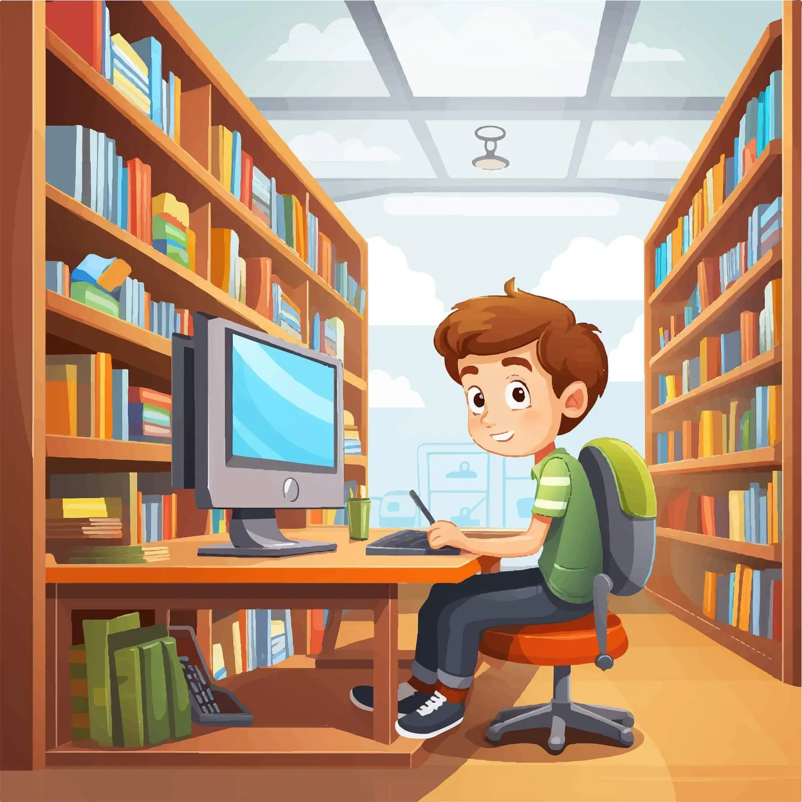 Boy Using Computer in Library Illustration — free download from Dotvec