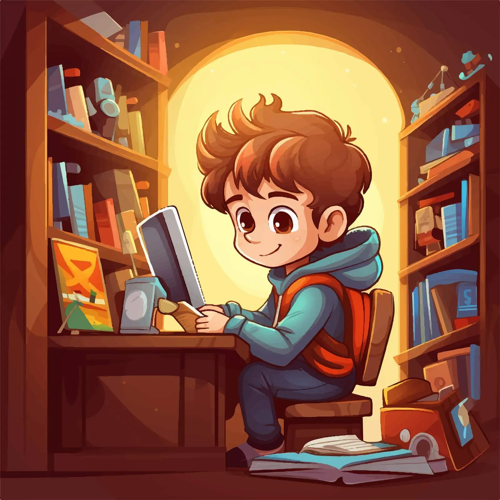 Boy Using Computer in Library Illustration — free download from Dotvec