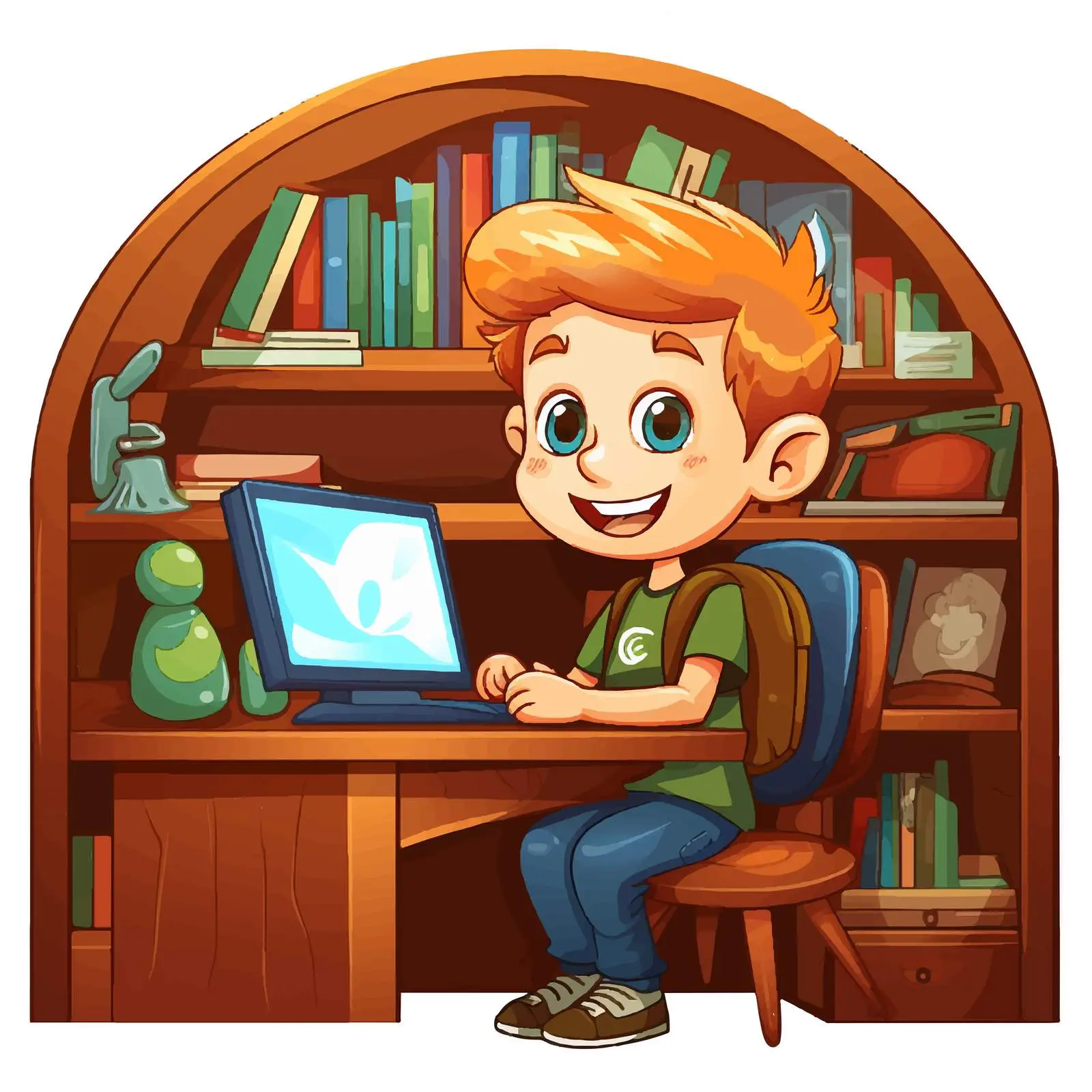Boy Using Computer in Library Illustration — free download from Dotvec