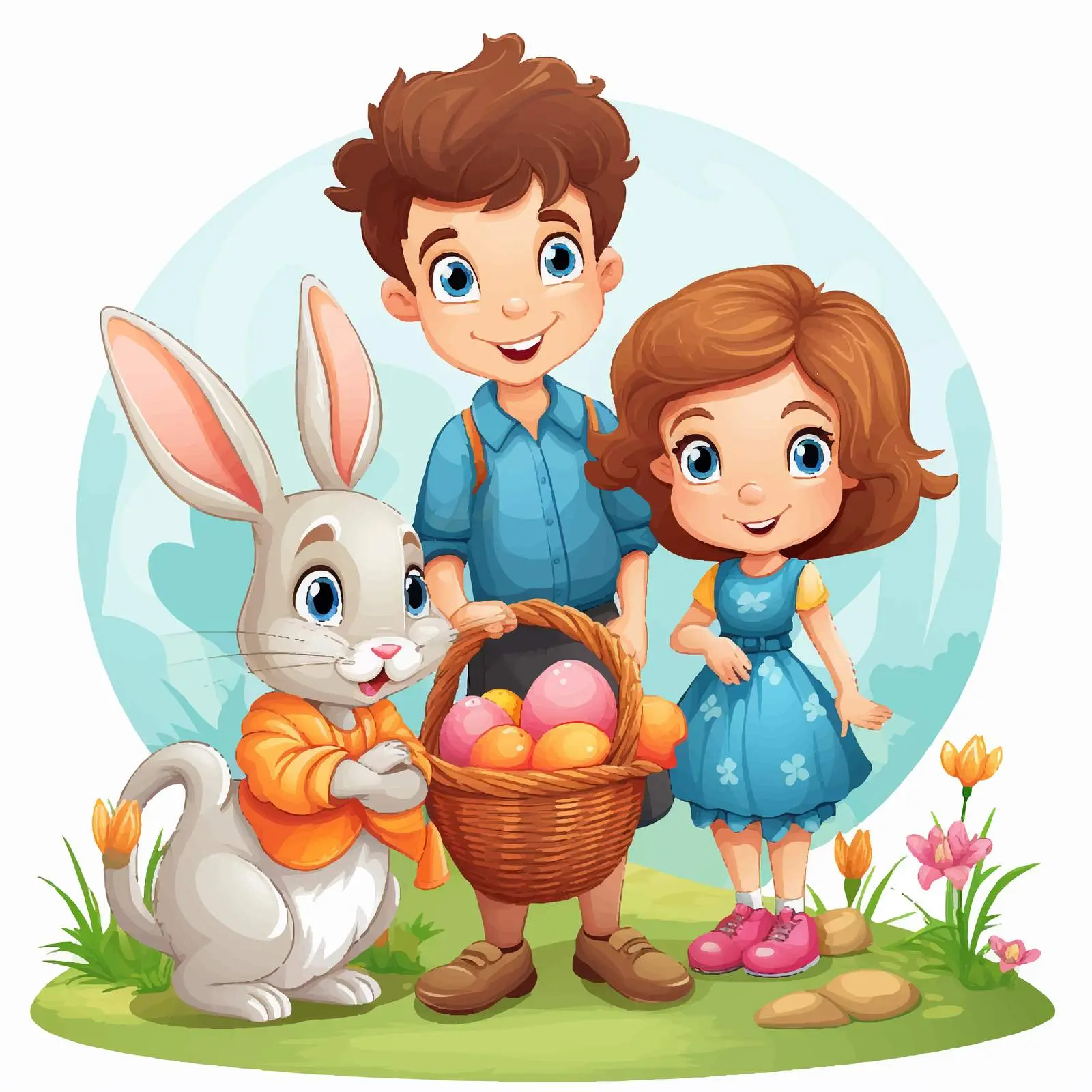 Bunny and Kids with Easter Eggs Illustration — free download from Dotvec