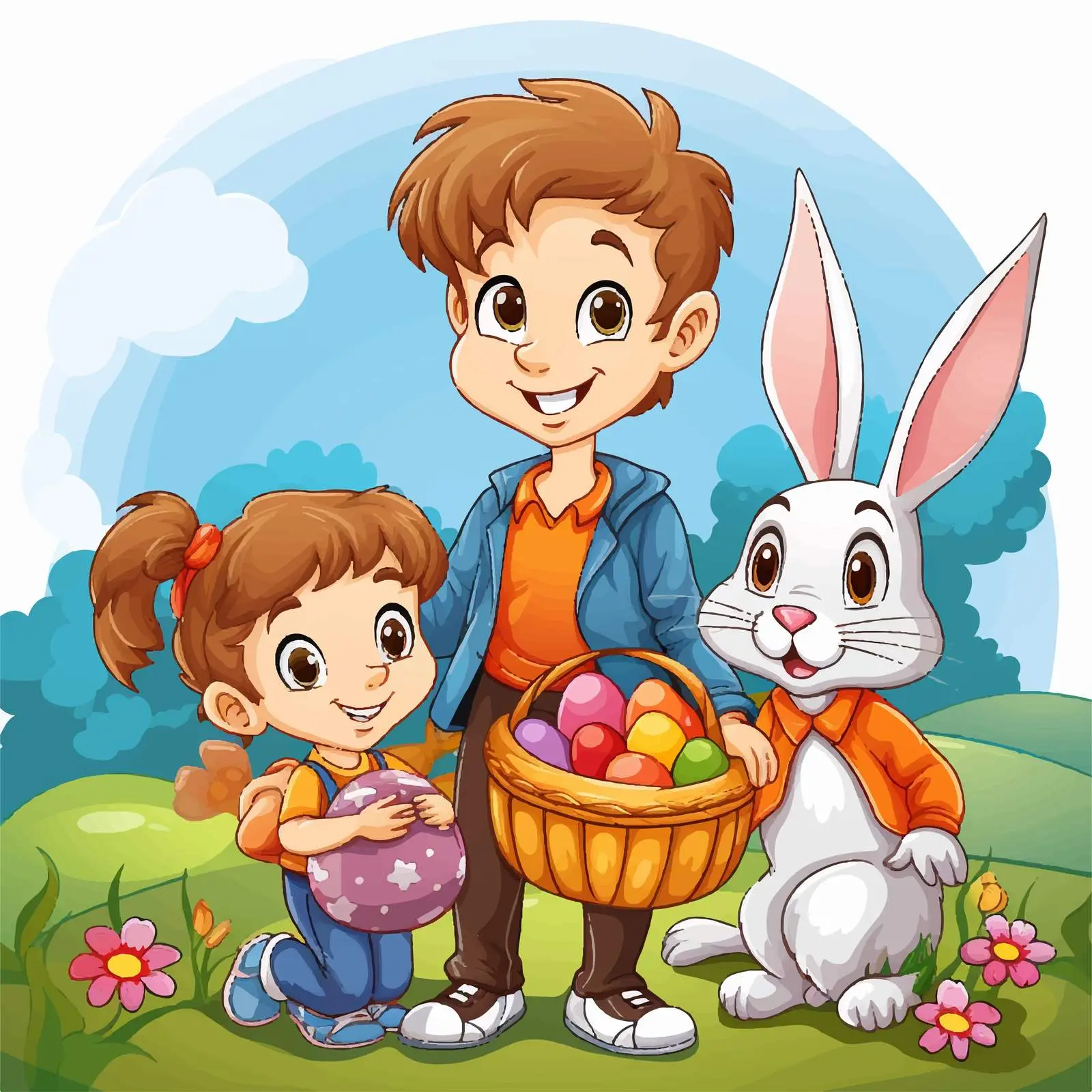 Bunny and Kids with Easter Eggs Illustration — free download from Dotvec
