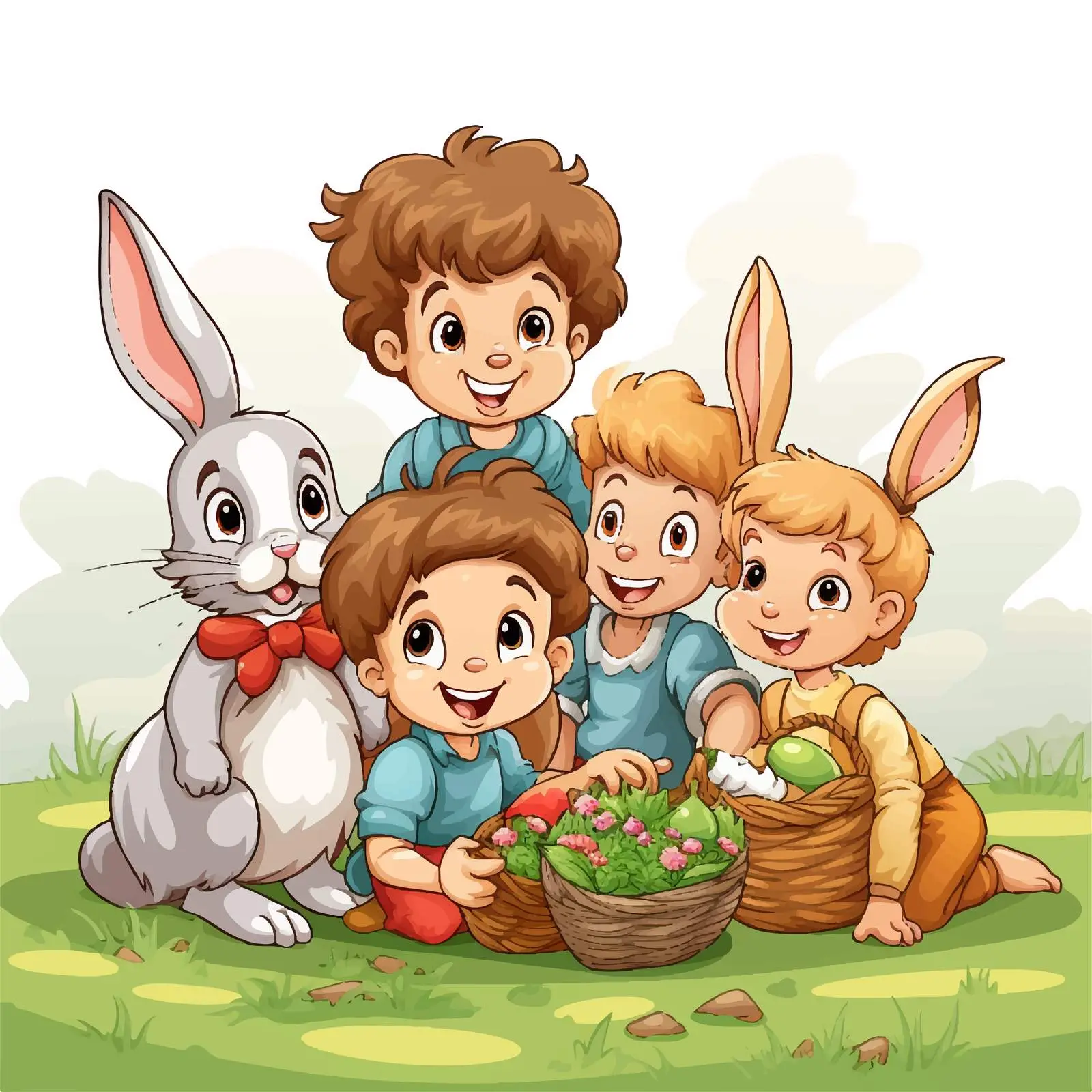 Bunny and Kids Celebrating Easter with Eggs — free download from Dotvec