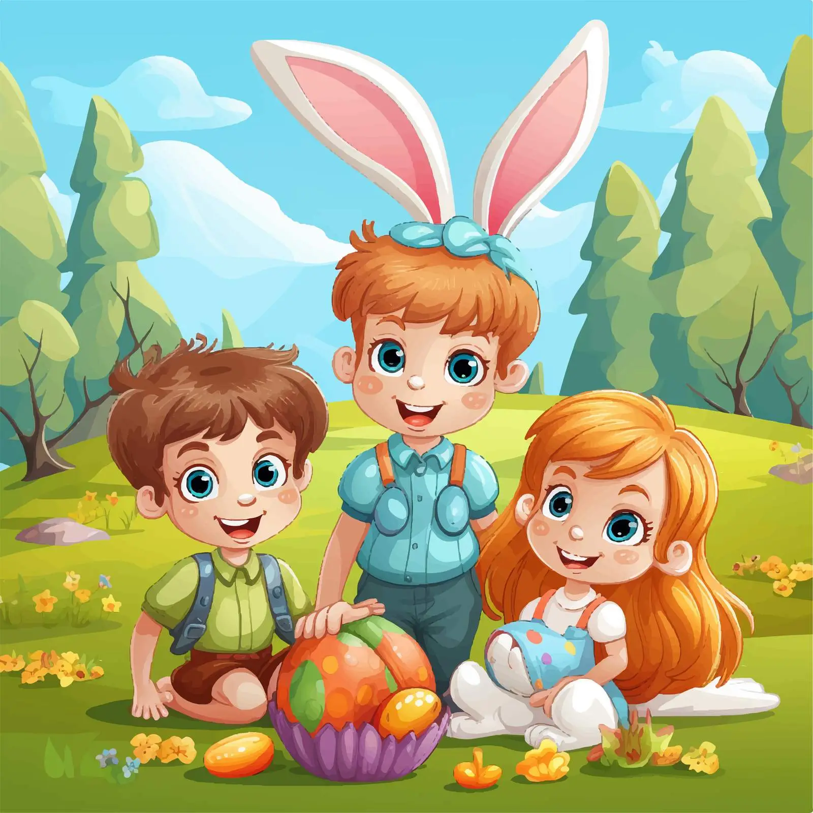 Bunny and Kids with Easter Eggs Illustration — free download from Dotvec