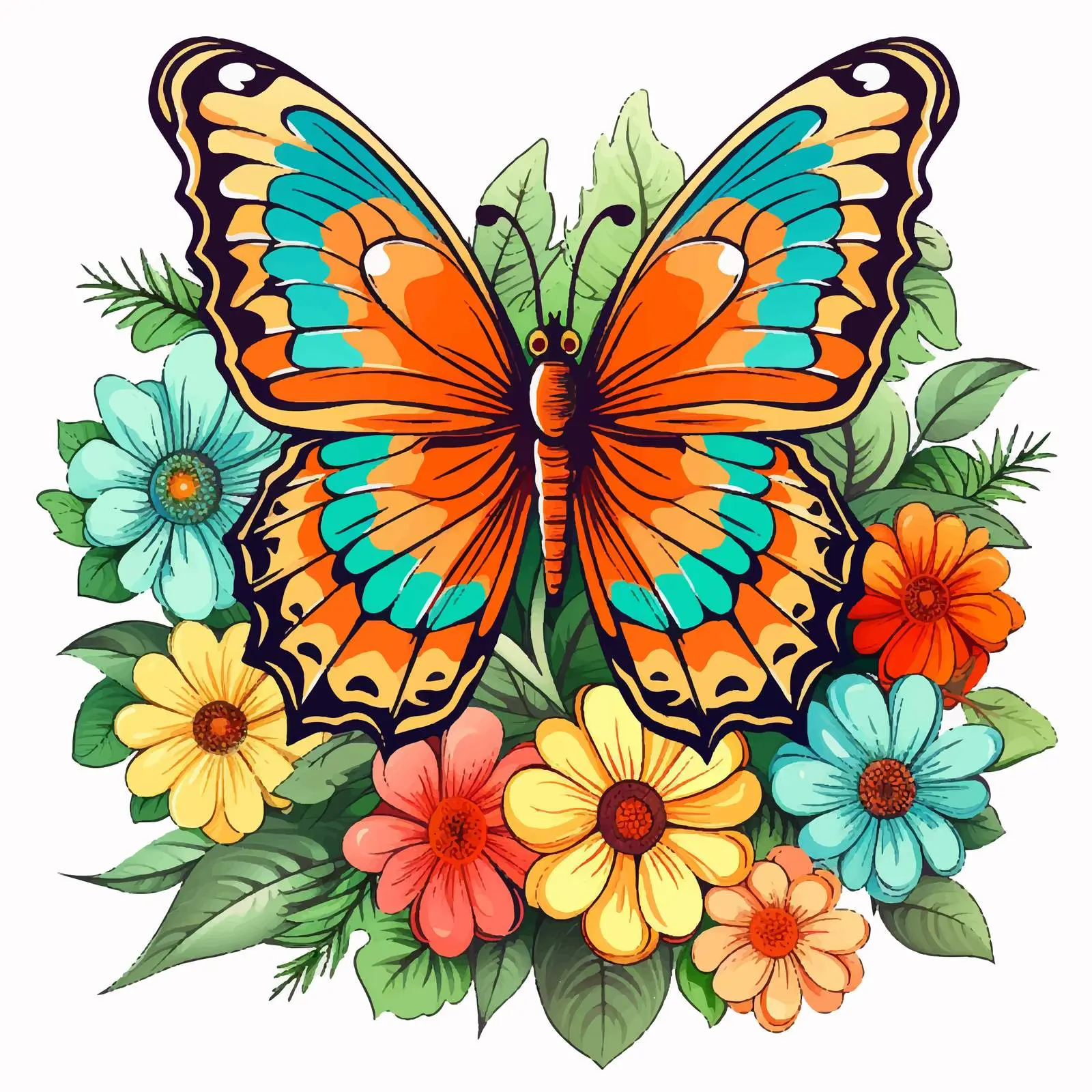 Butterfly Illustration on Colorful Flowers — free download from Dotvec