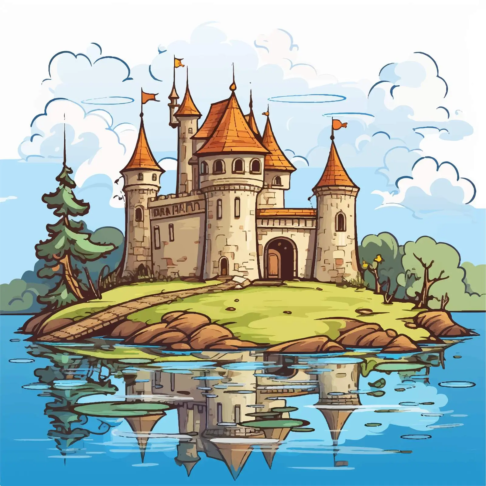 Cartoon Castle and Pond Vector Illustration — free download from Dotvec