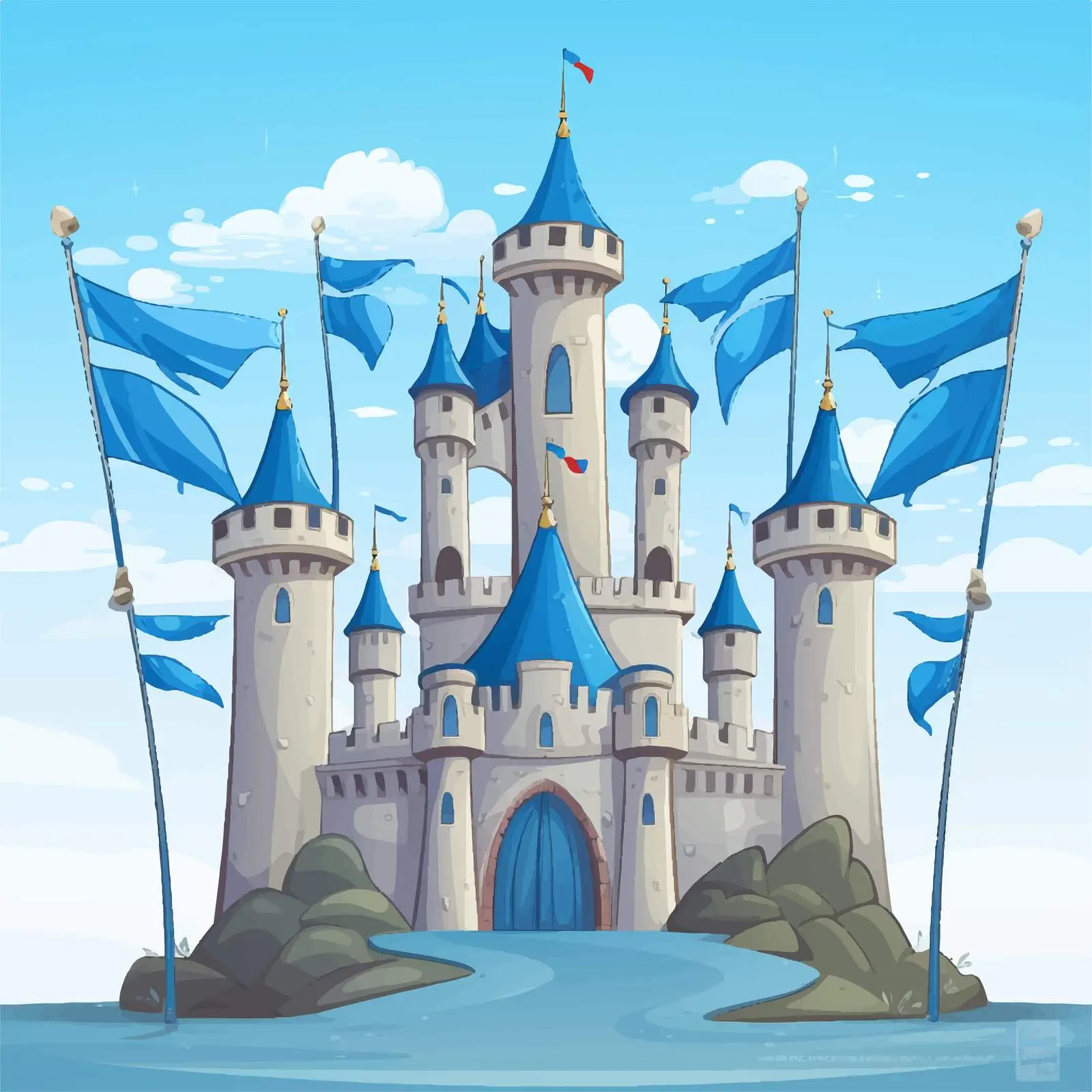 Castle Illustration with Blue Flags on White Background — free download from Dotvec