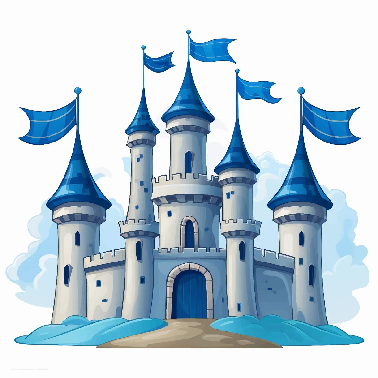 Castle Illustration with Blue Flags on White Background — free download from Dotvec