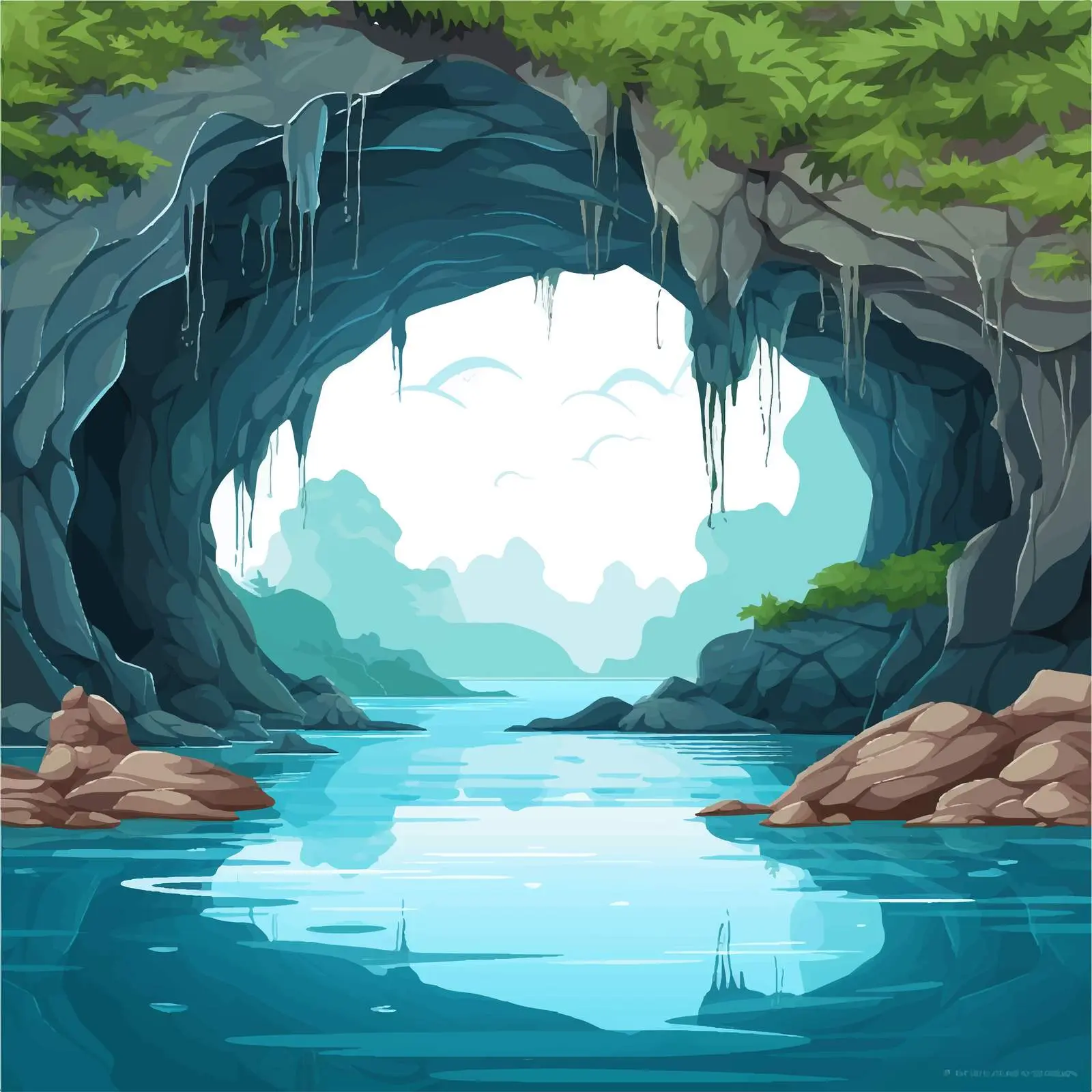 Scenic Cave Illustration with Water and Nature – free adventure illustration image from Dotvec