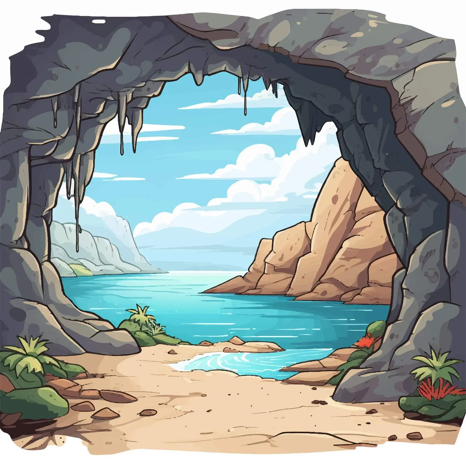 Cave and Ocean View Cartoon Vector Illustration — free download from Dotvec