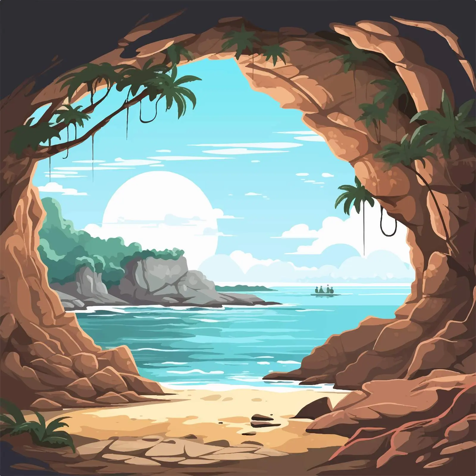 Cave and Ocean View Vector Illustration — free download from Dotvec