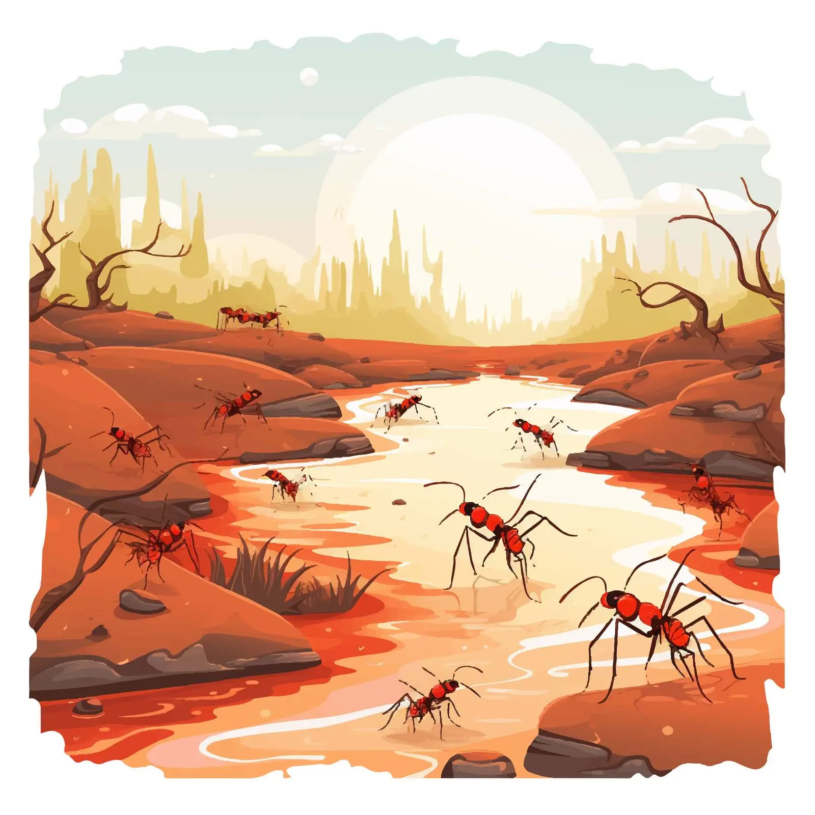 Red Ants Colony at Riverbank Vector Illustration — free download from Dotvec