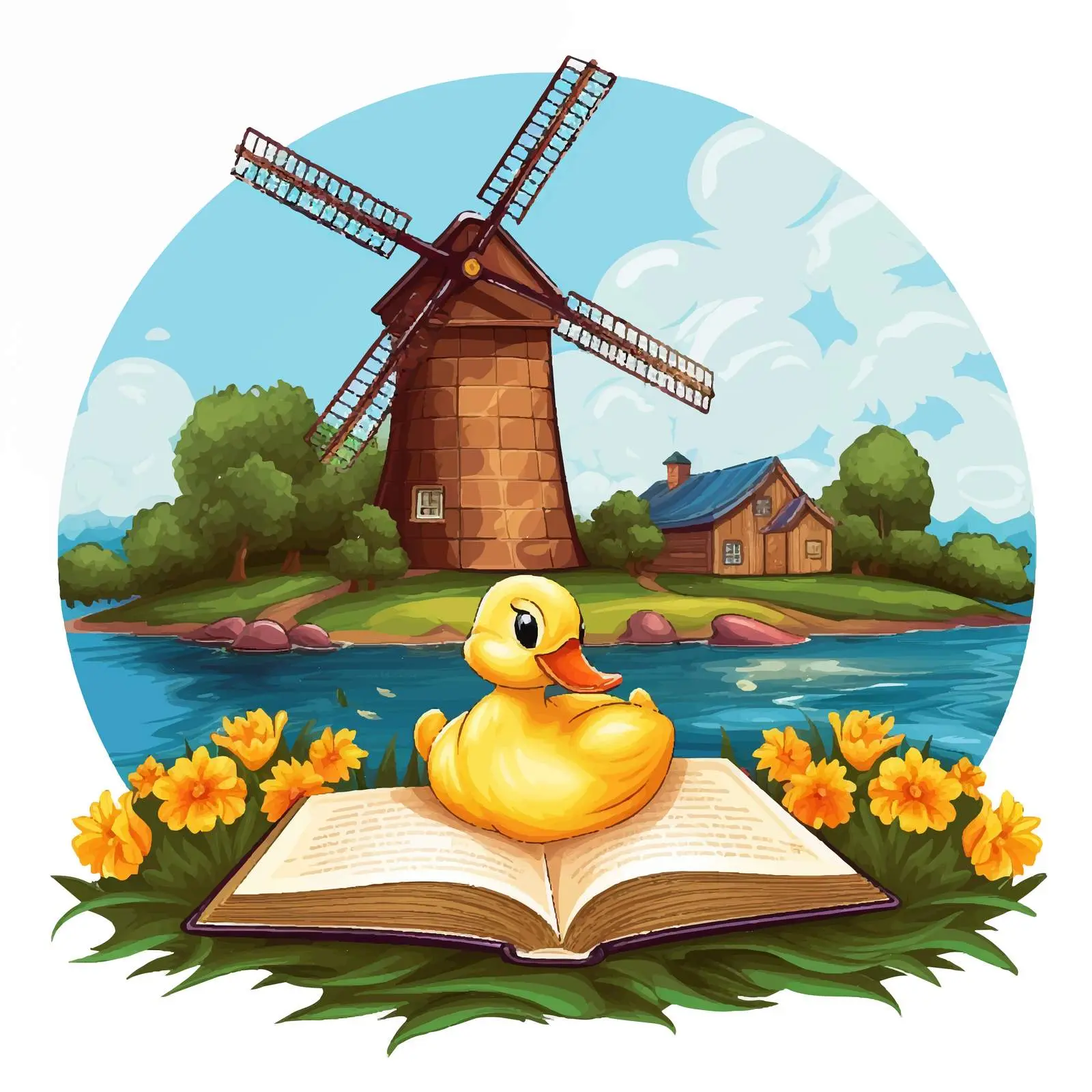 Duck Reading a Book by a Windmill — free download from Dotvec