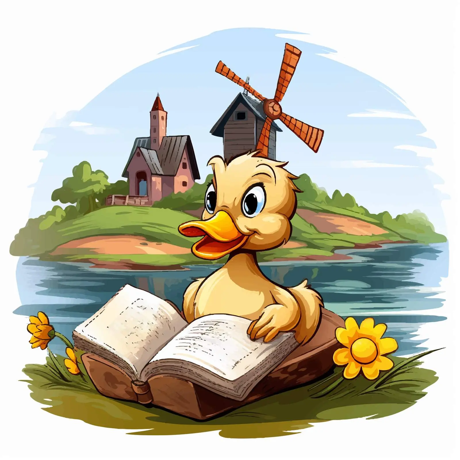 Duck Reading a Book by a Windmill — free download from Dotvec