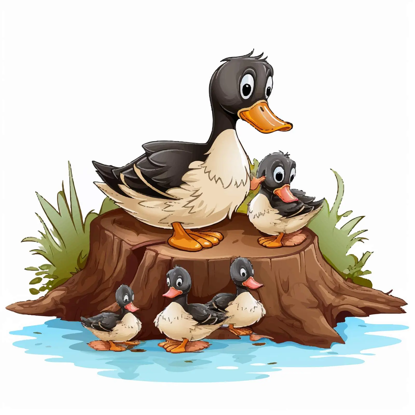 Duck Reading on Stump with Ducklings Illustration — free download from Dotvec