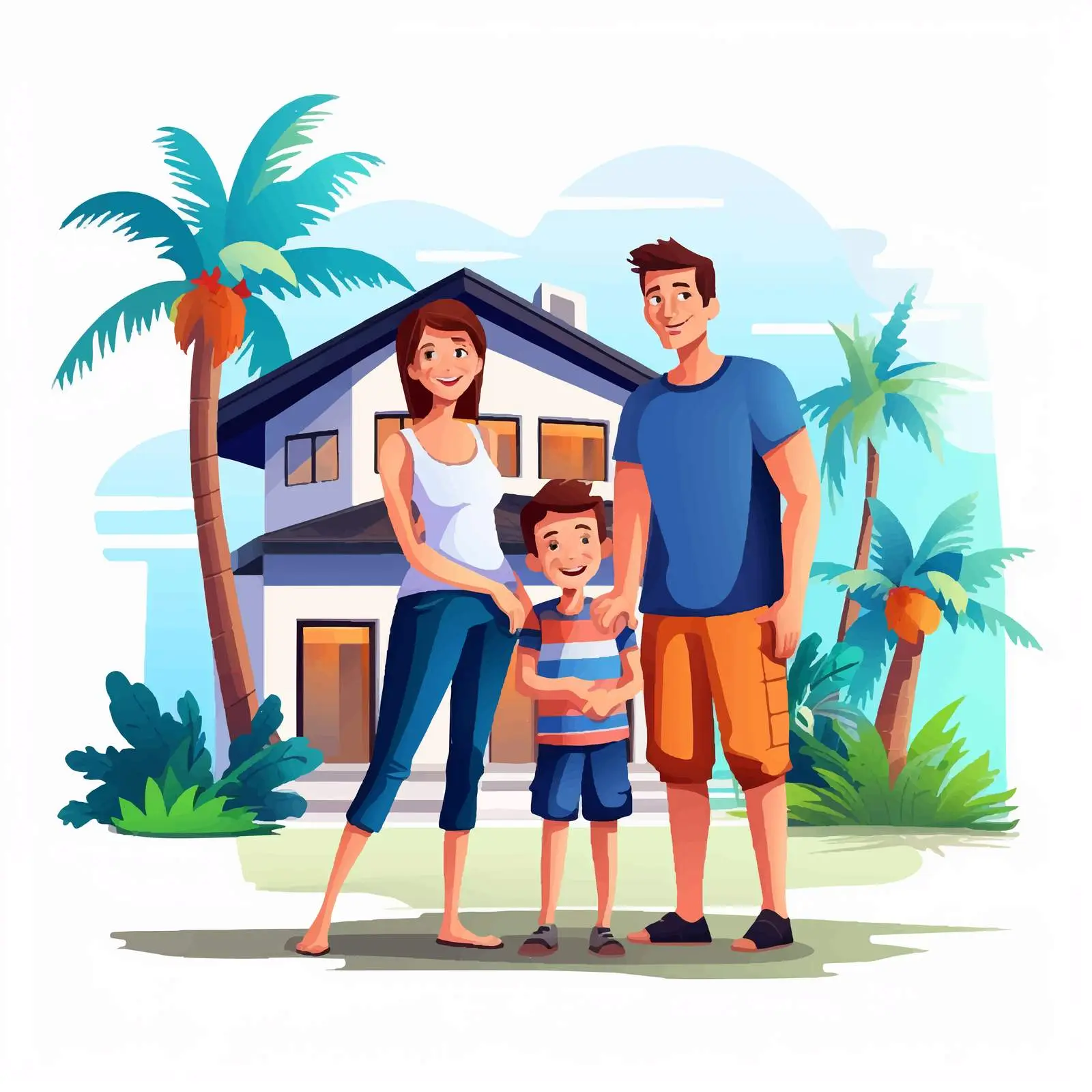 Family Outside Their Large House Illustration — free download from Dotvec