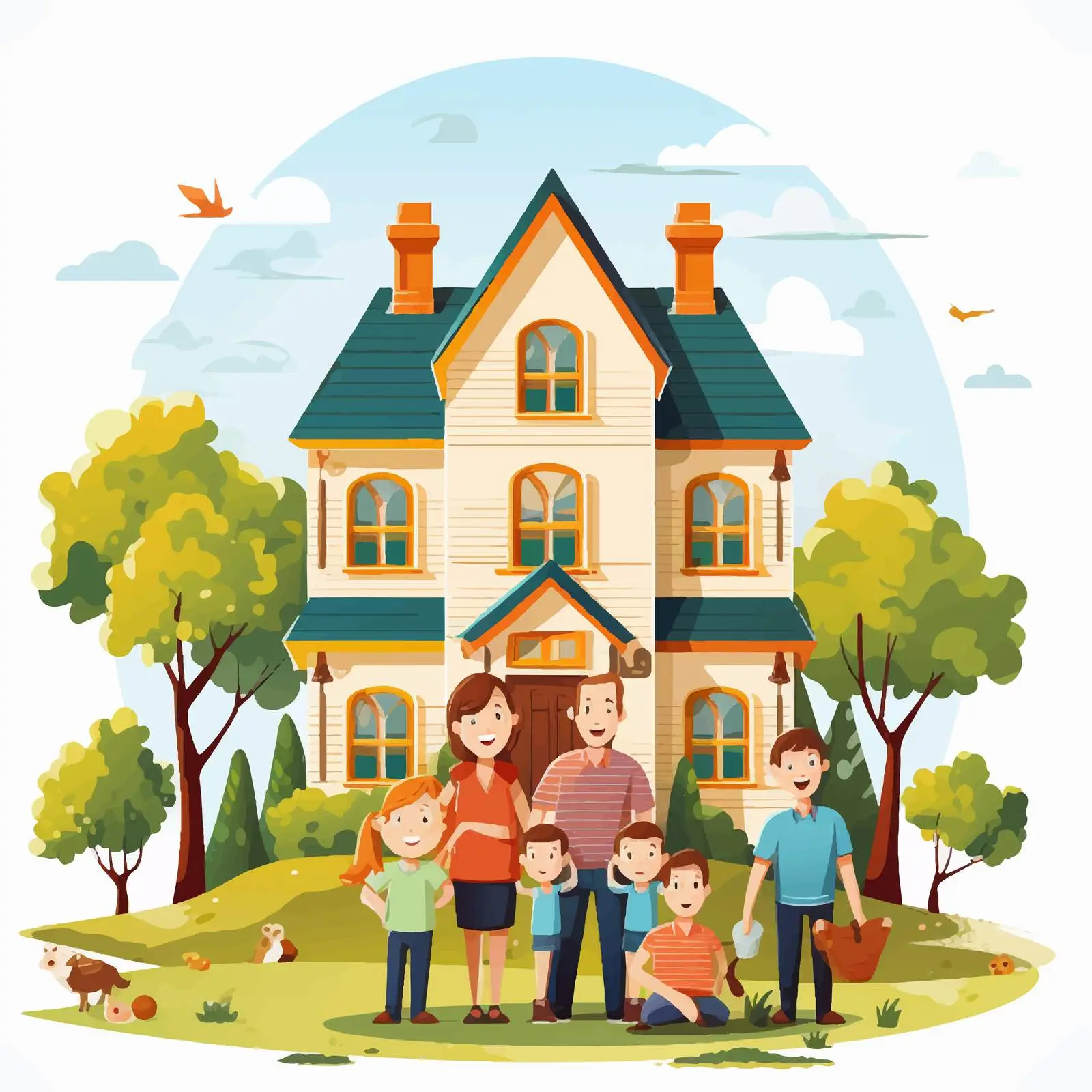 Family Outside Their Large Home Illustration — free download from Dotvec