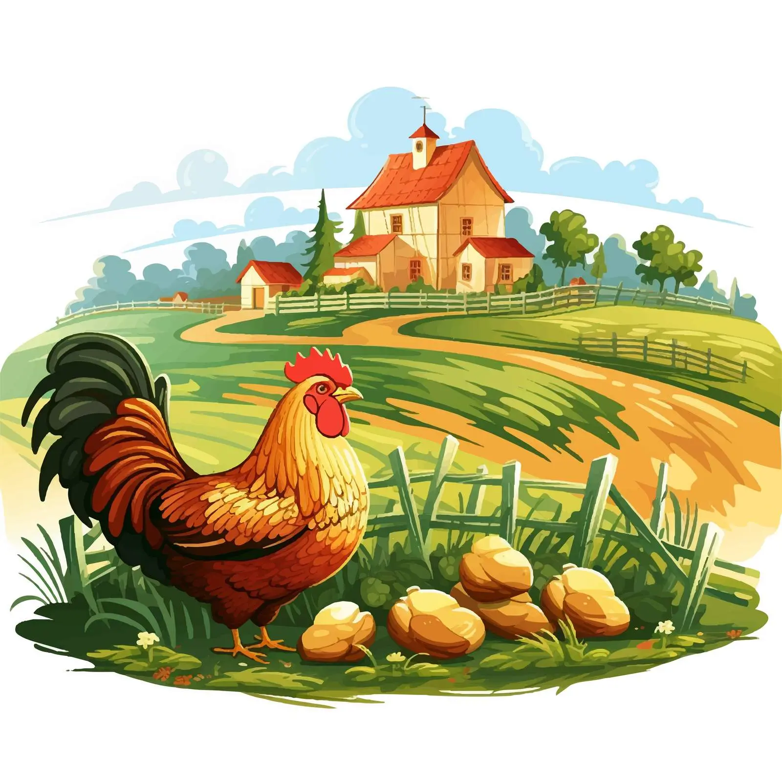 Farm Illustration with Hen and Hays — free download from Dotvec