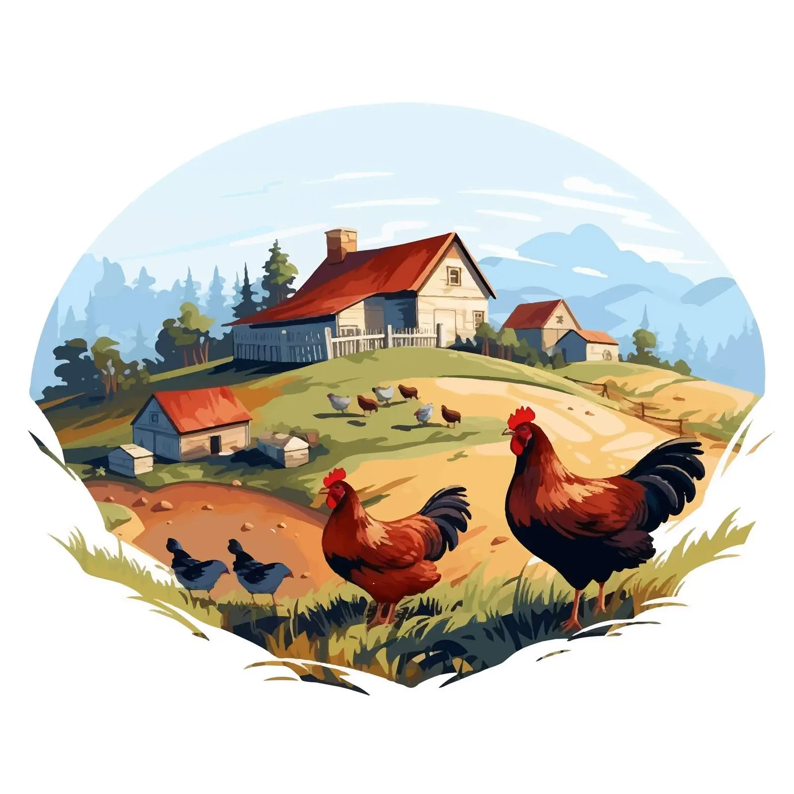 Farm Illustration with Hen and Hay Bales — free download from Dotvec