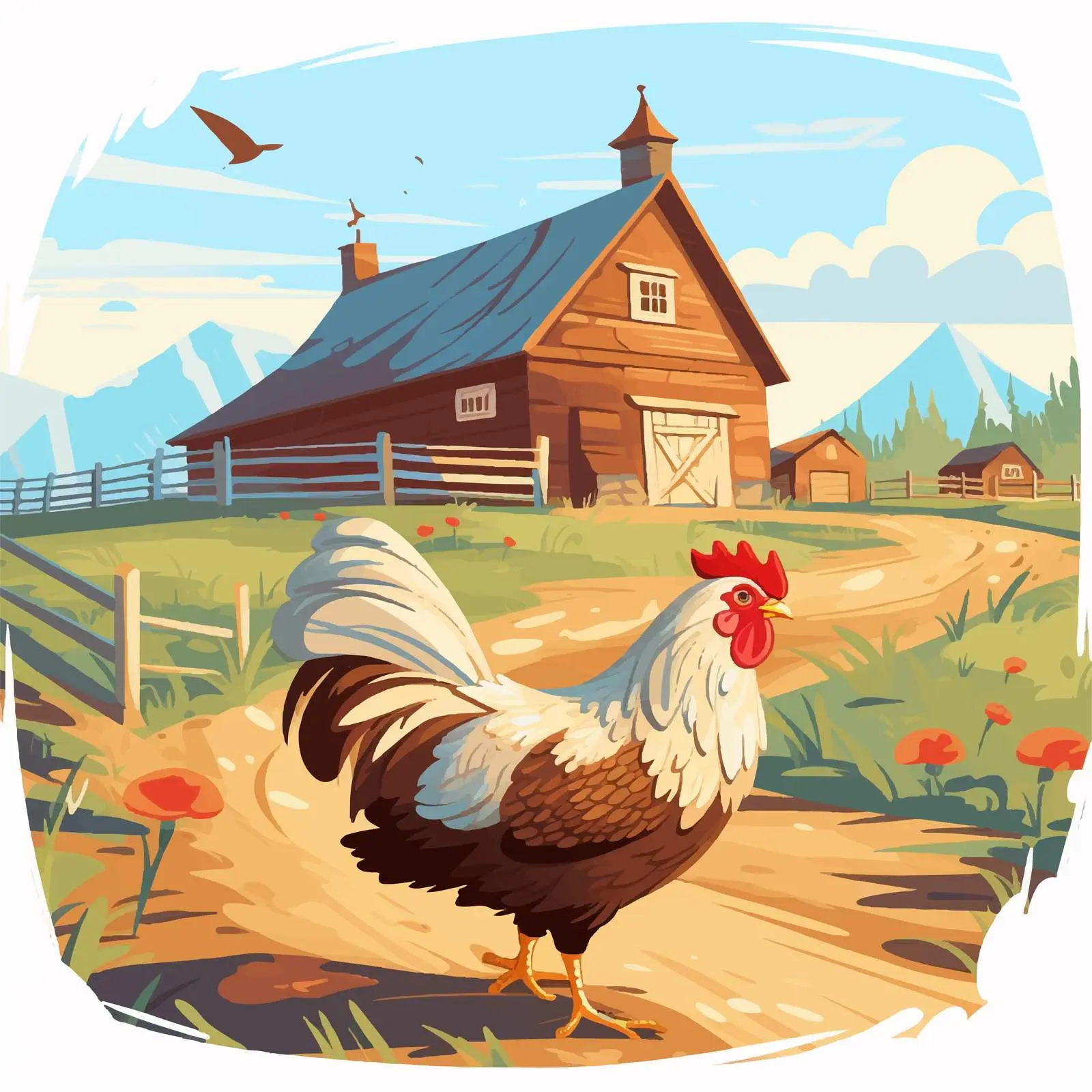 Farm Illustration with Hen and Hay Bales — free download from Dotvec