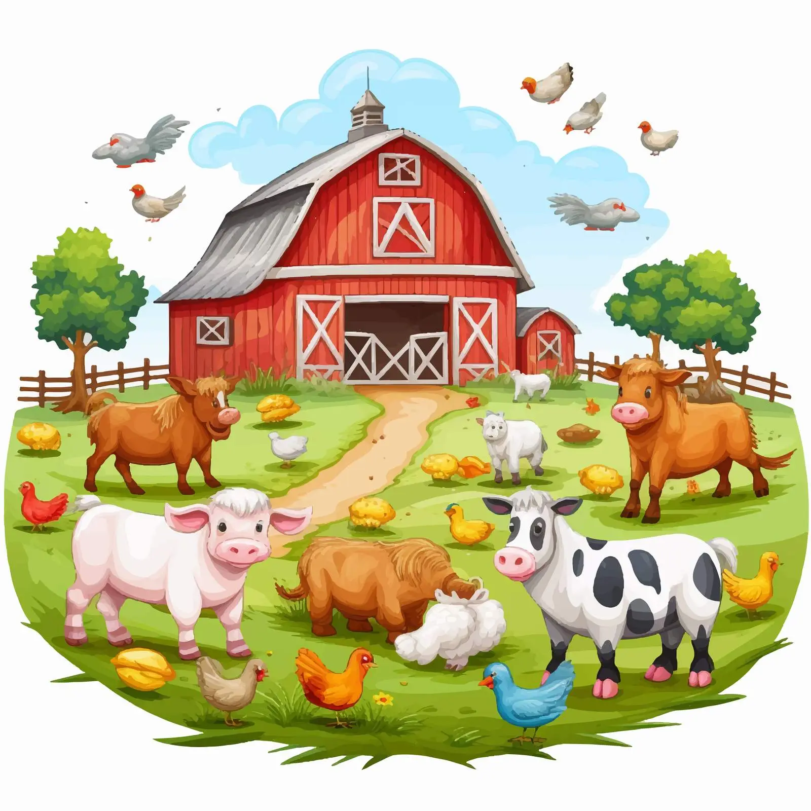 Farm Scene with Animals on White Background — free download from Dotvec