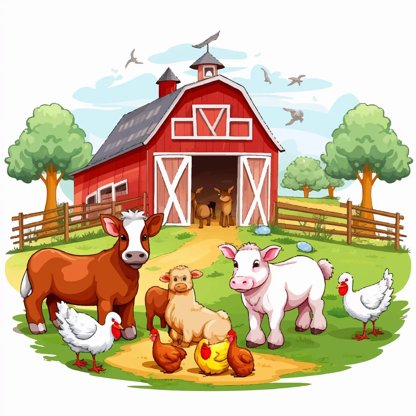 Farm Illustration with Animals on White Background — free download from Dotvec