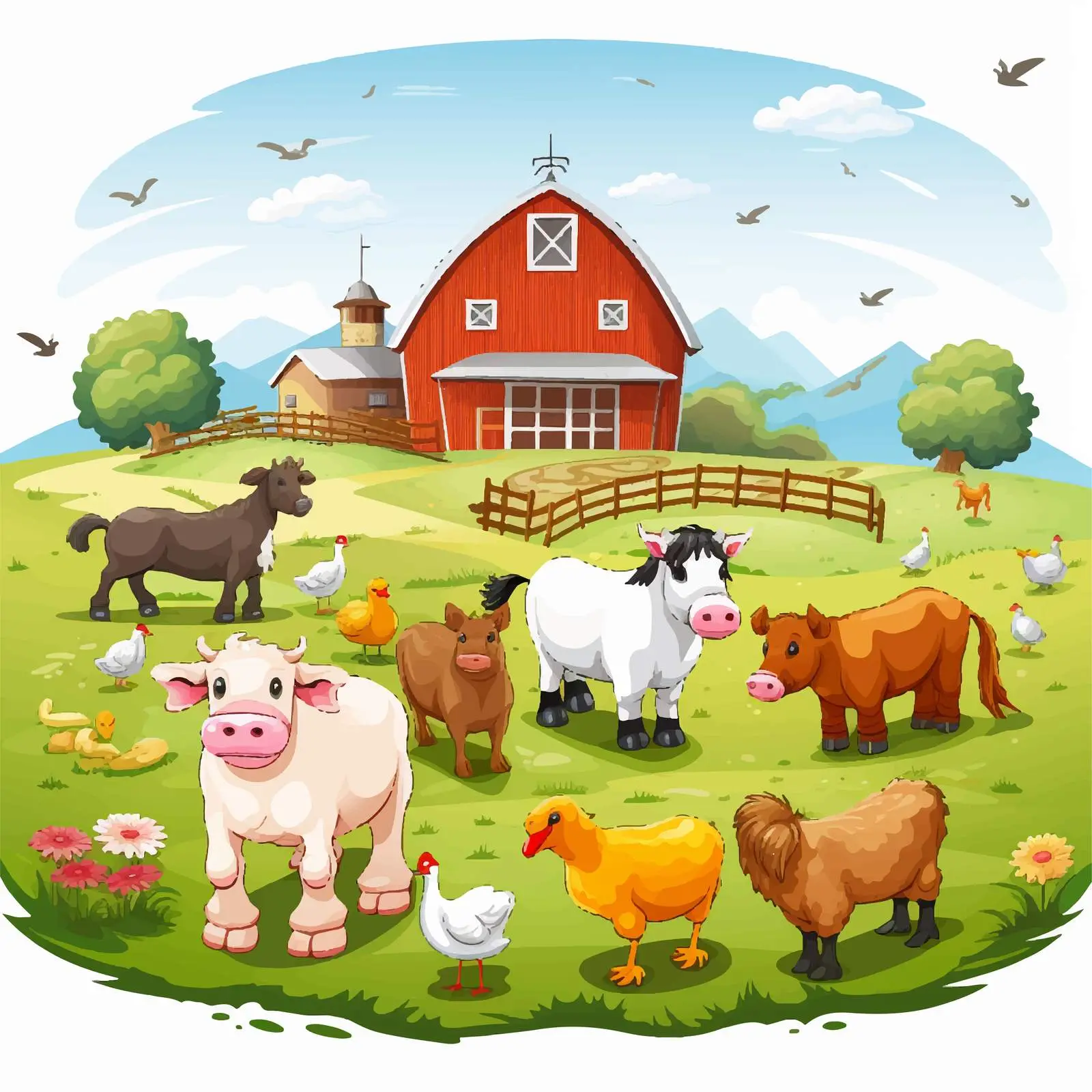 Farm Illustration with Animals on White Background — free download from Dotvec