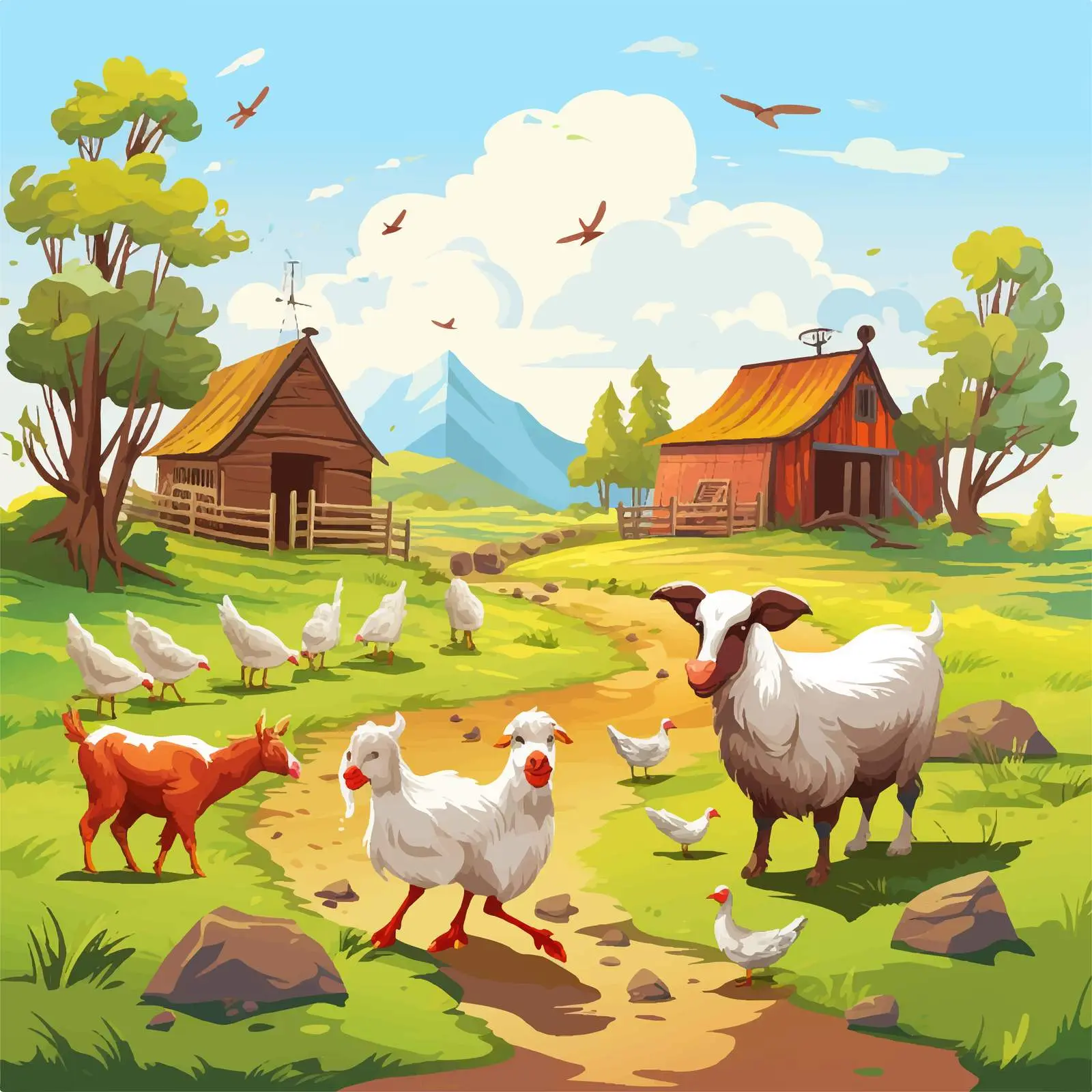 Farm Illustration with Goats and Chickens – free chicken illustration image from Dotvec